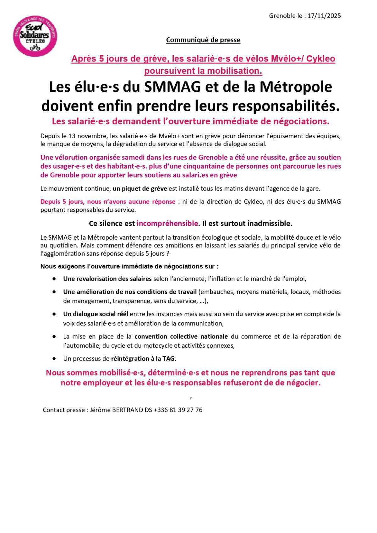 UST SUD // La grève à Mvélo+ / CYKLEO se poursuit