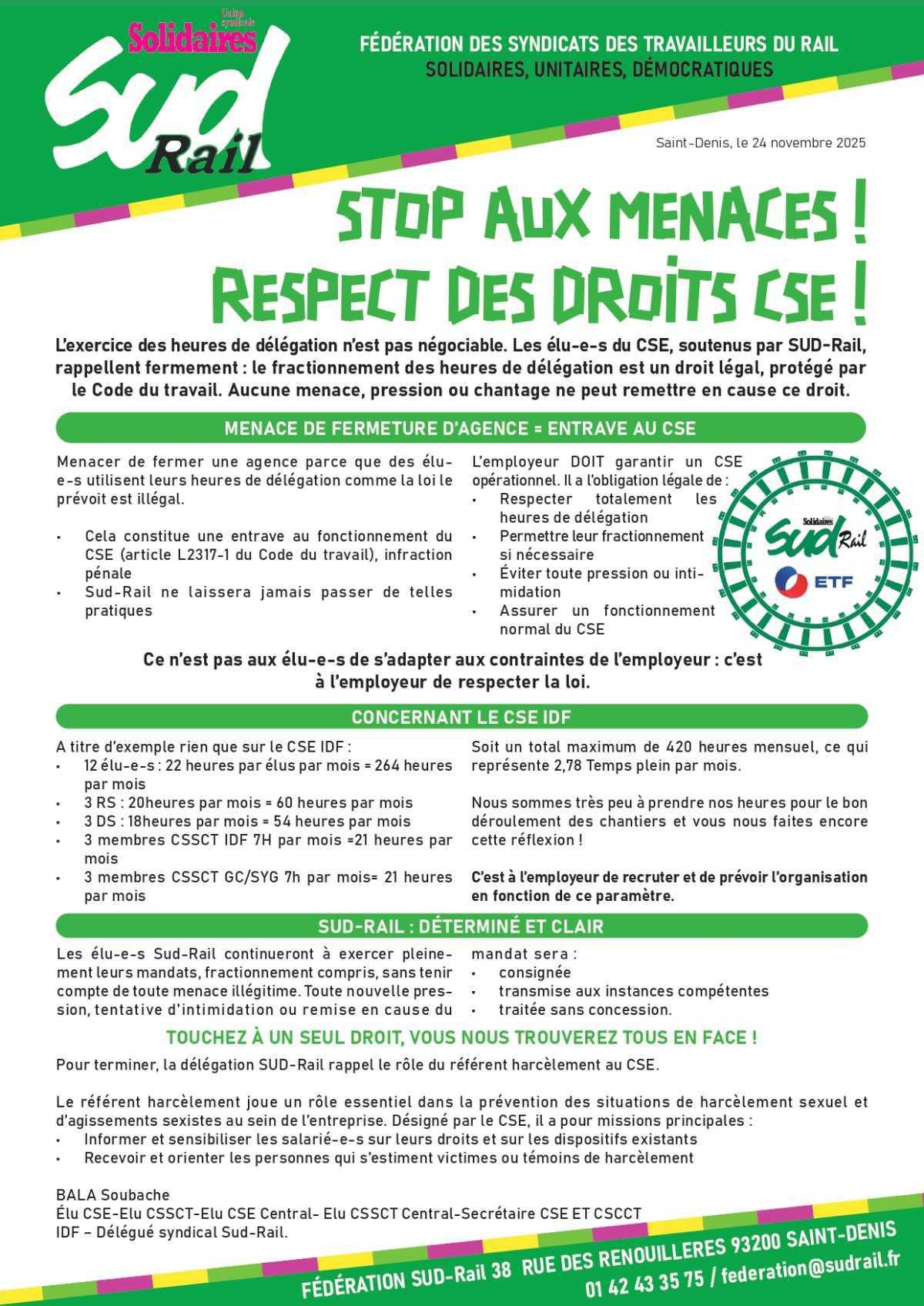 SUD-Rail chez ETF Services // Stop aux menaces, respects du CSE !