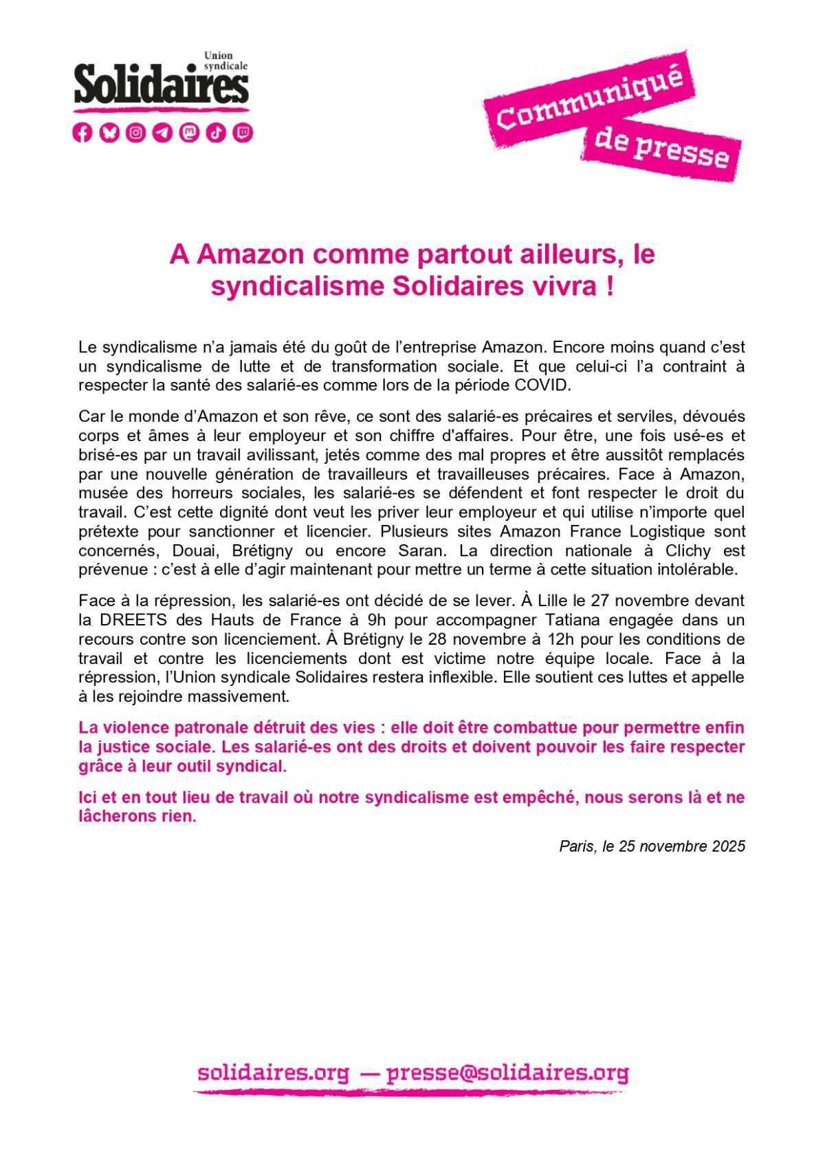 A AMAZON comme ailleurs, le syndicalisme Solidaires vivra !