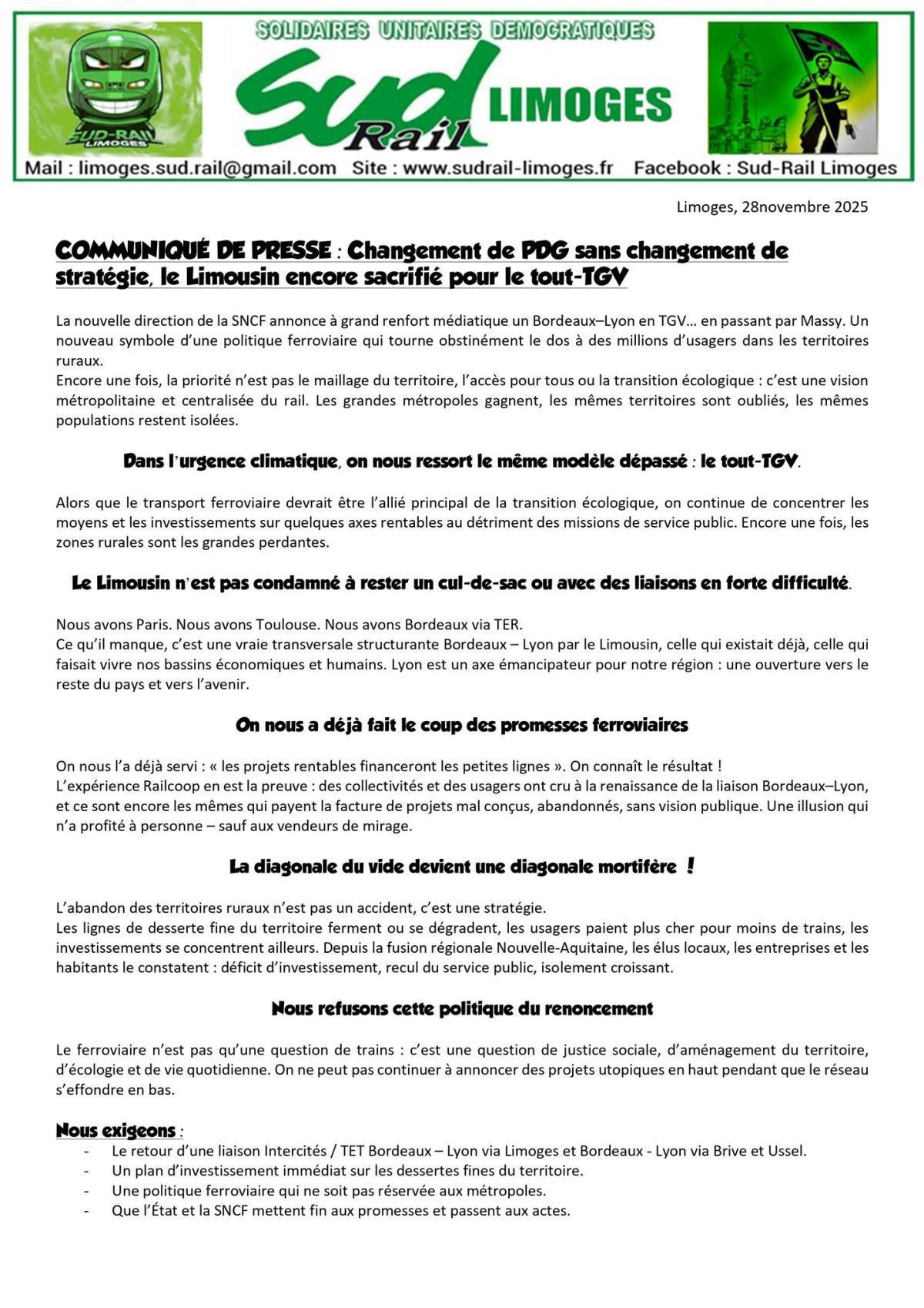 SUD-Rail Limoges // Nouveau PDG sans changement de stratégie, le Limousin sacrifié au tout TGV