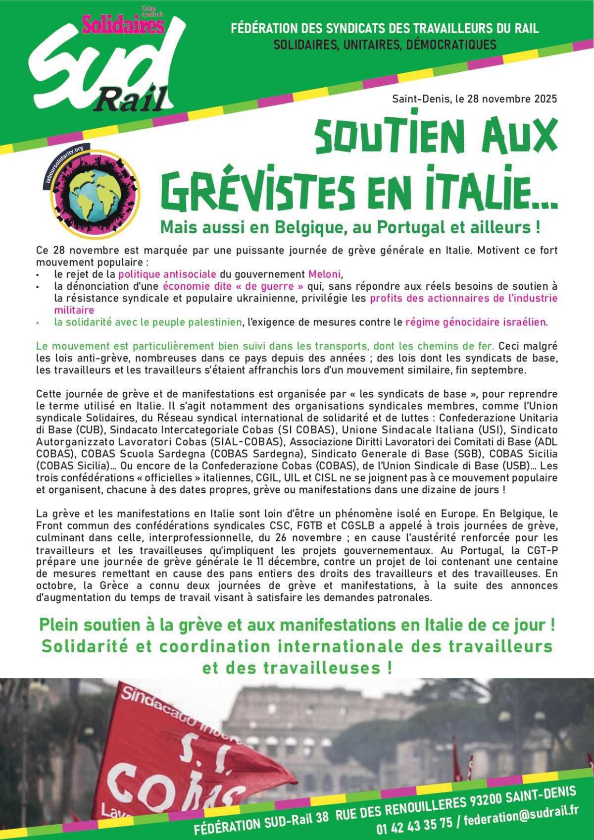 SUD-Rail // Soutien aux grévistes en Italie... mais aussi en Belgique, au Portugal et ailleurs !