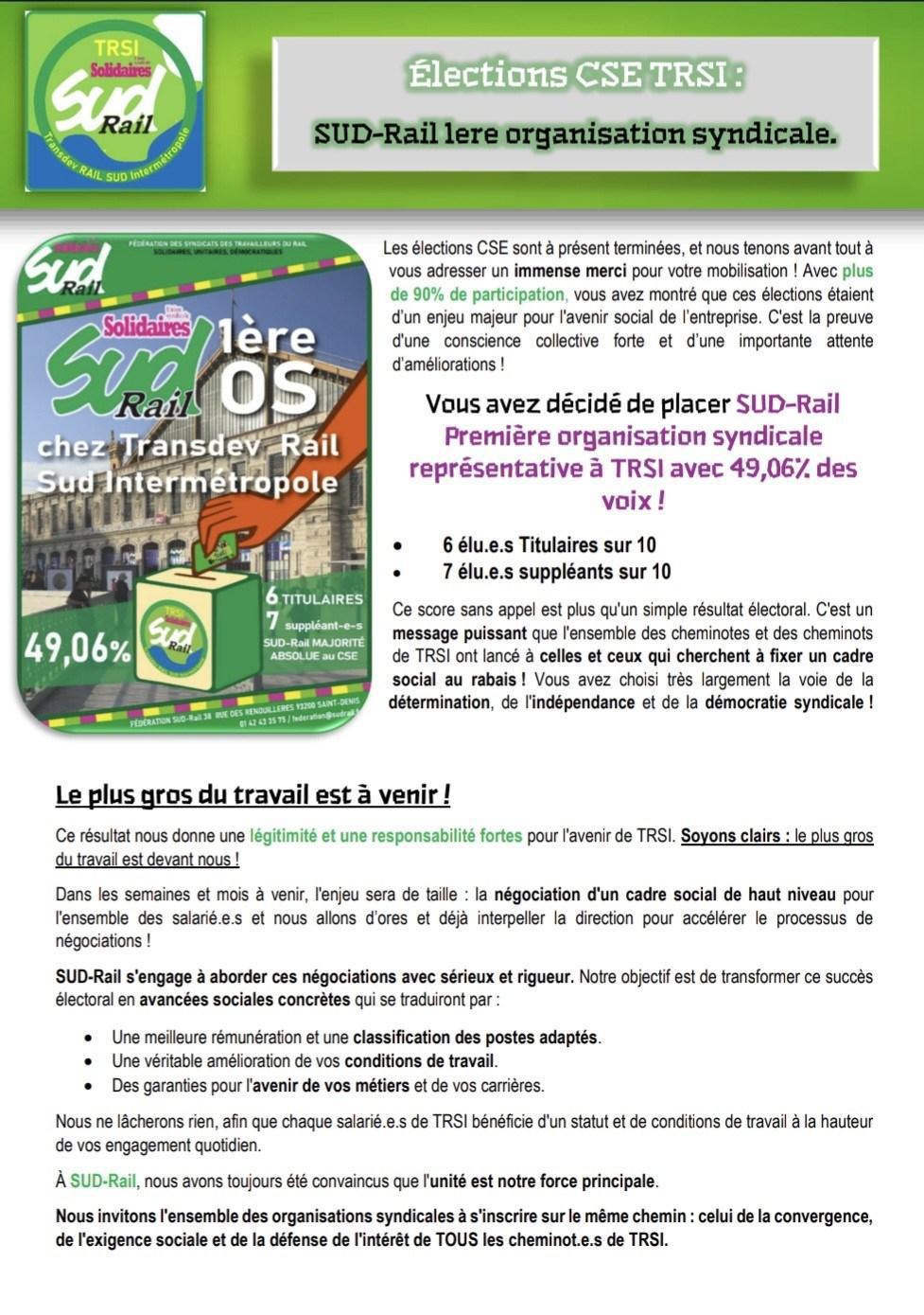 SUD-Rail PACA // Élections CSE Transdev TRSI : SUD-Rail, premier syndicat à 49,06%