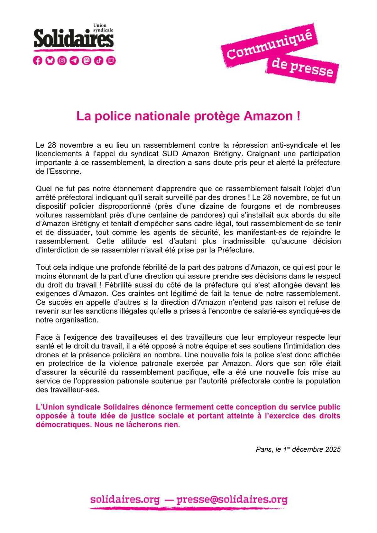Solidaires // La police nationale protège AMAZON !