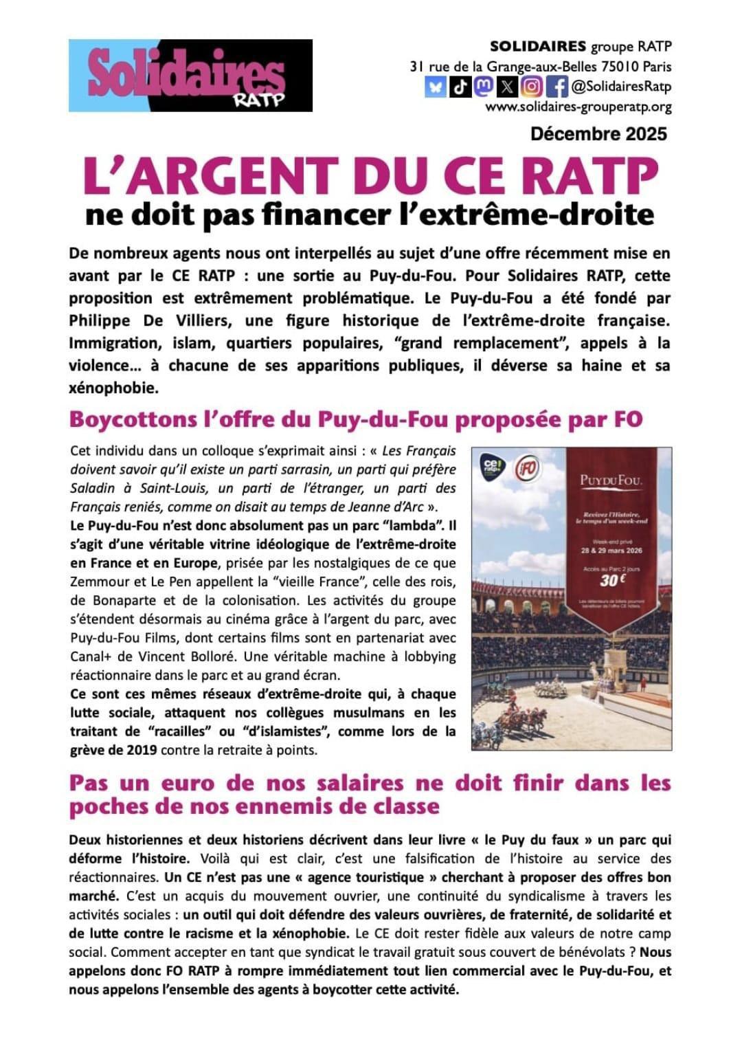 Solidaires RATP // l'argent du CE RATP ne doit pas financer l'extrême-droite