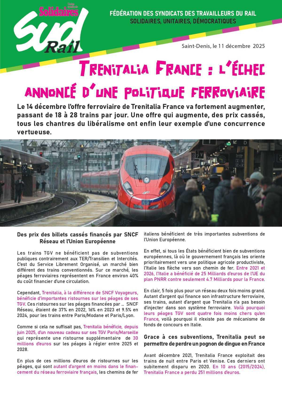 SUD-Rail // Trenitalia : l'échec annoncé d'une politique ferroviaire