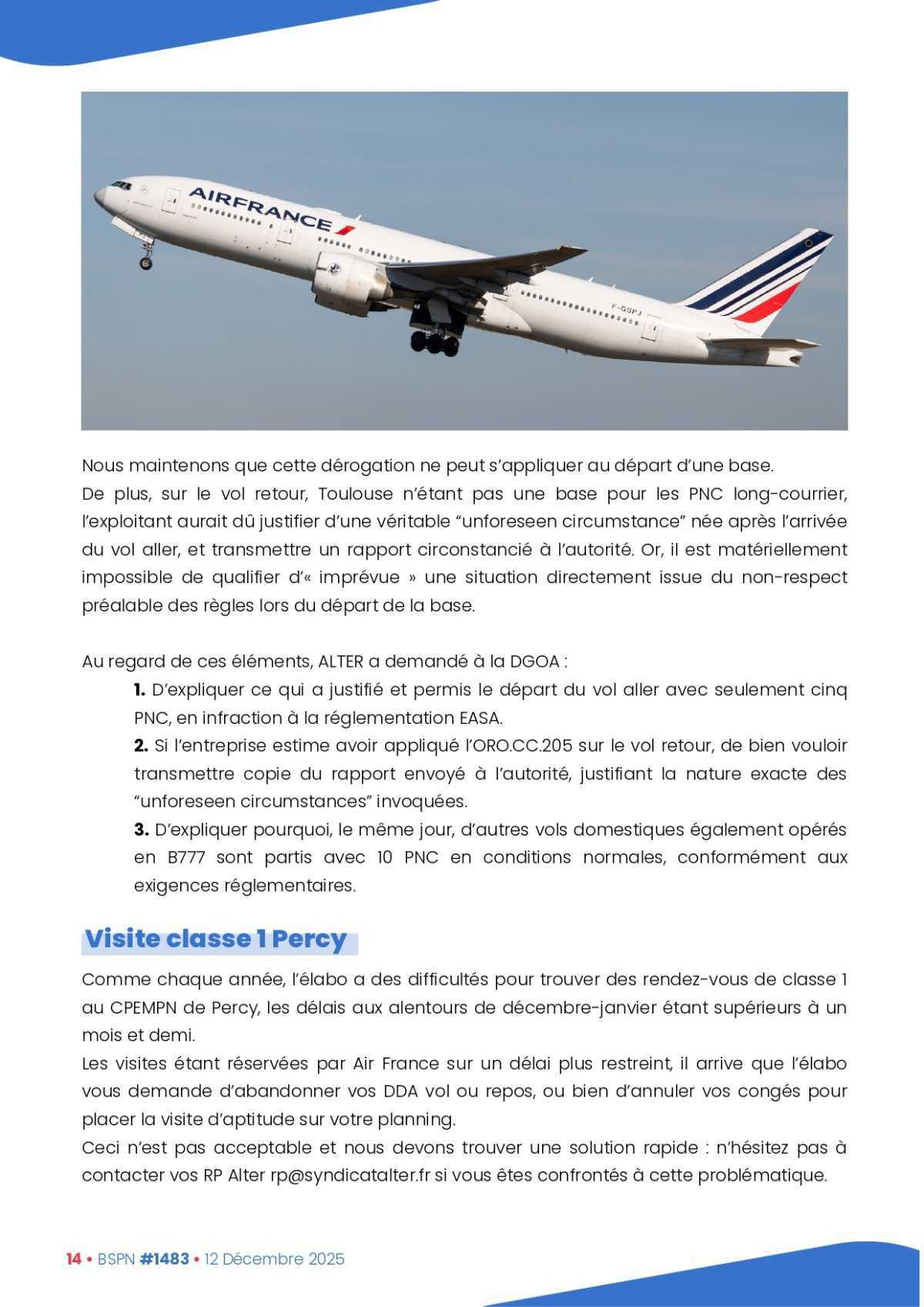 ALTER // Bulletin Syndical du Personnel Naviguant # 1483 du 12 décembre 2025