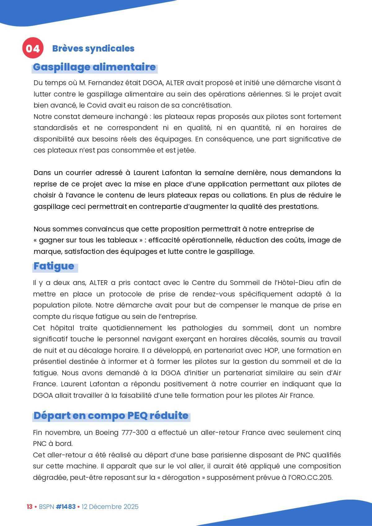 ALTER // Bulletin Syndical du Personnel Naviguant # 1483 du 12 décembre 2025