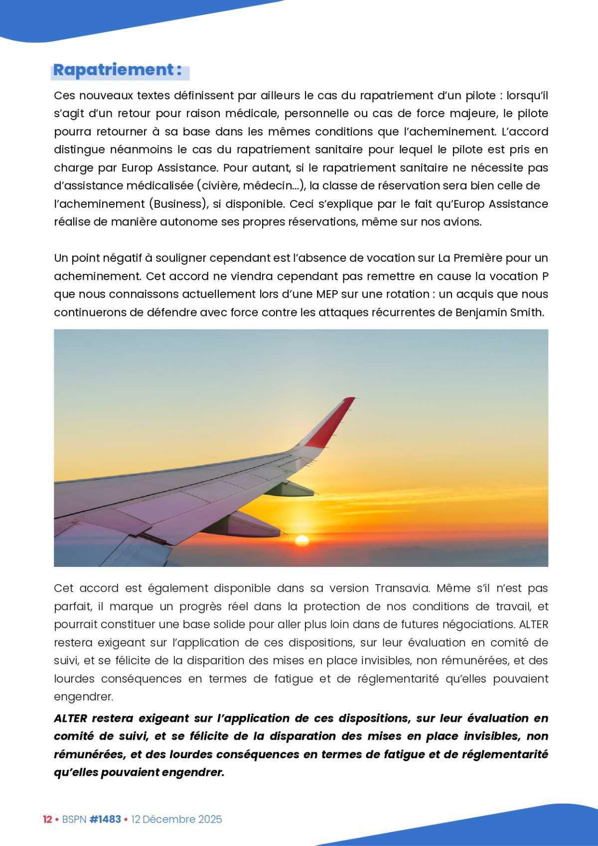ALTER // Bulletin Syndical du Personnel Naviguant # 1483 du 12 décembre 2025