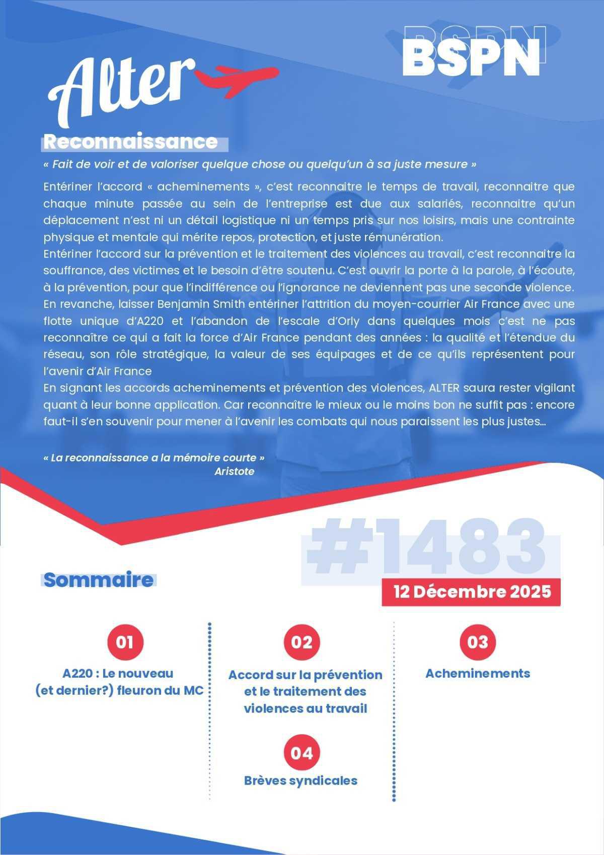 ALTER // Bulletin Syndical du Personnel Naviguant # 1483 du 12 décembre 2025