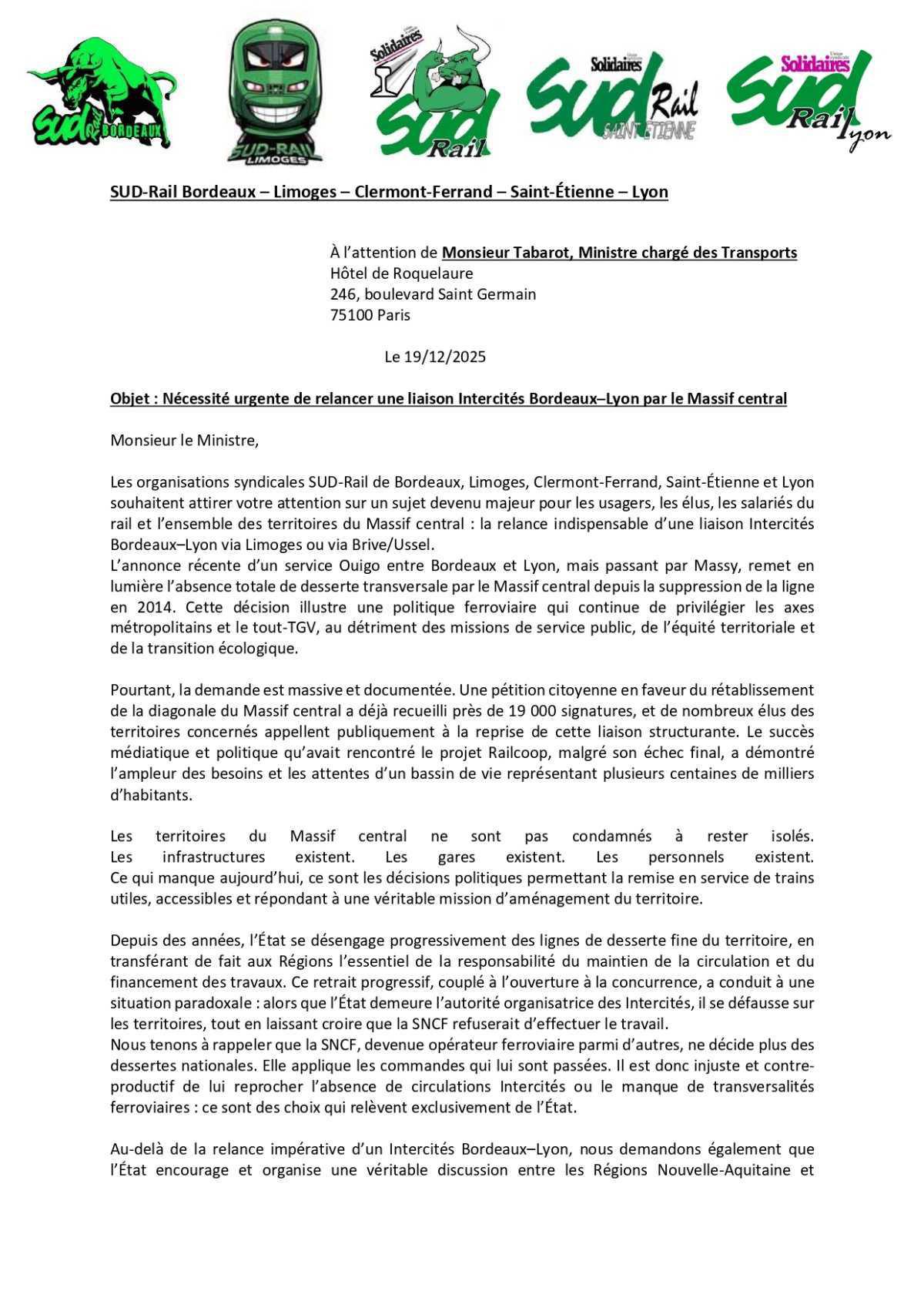 SUD-Rail // Lettre ouverte au Ministre des transports pour une liaison Bordeaux-Lyon