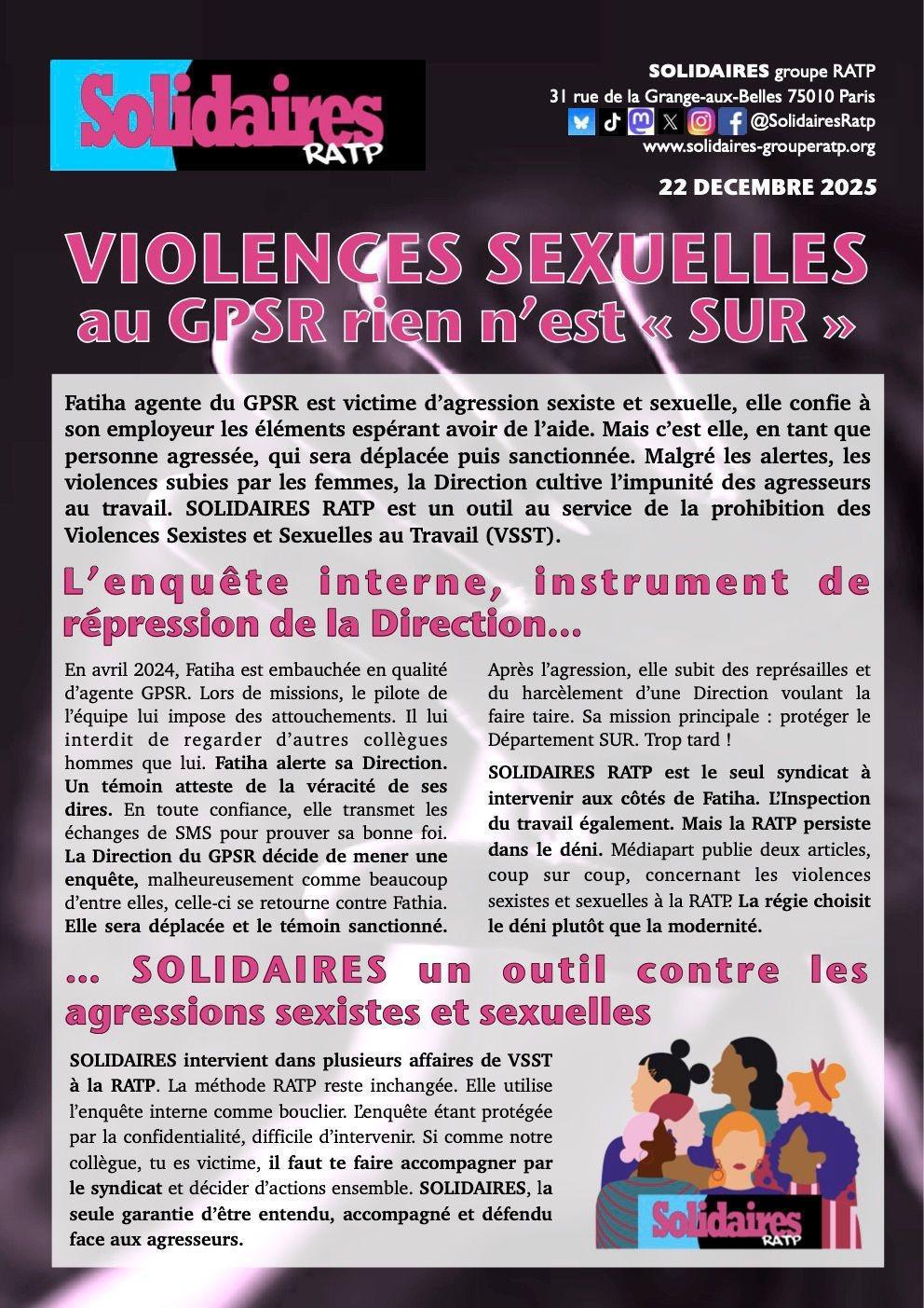 Solidaires RATP // Violences sexuelles au GPSR rien n'est "sûr"