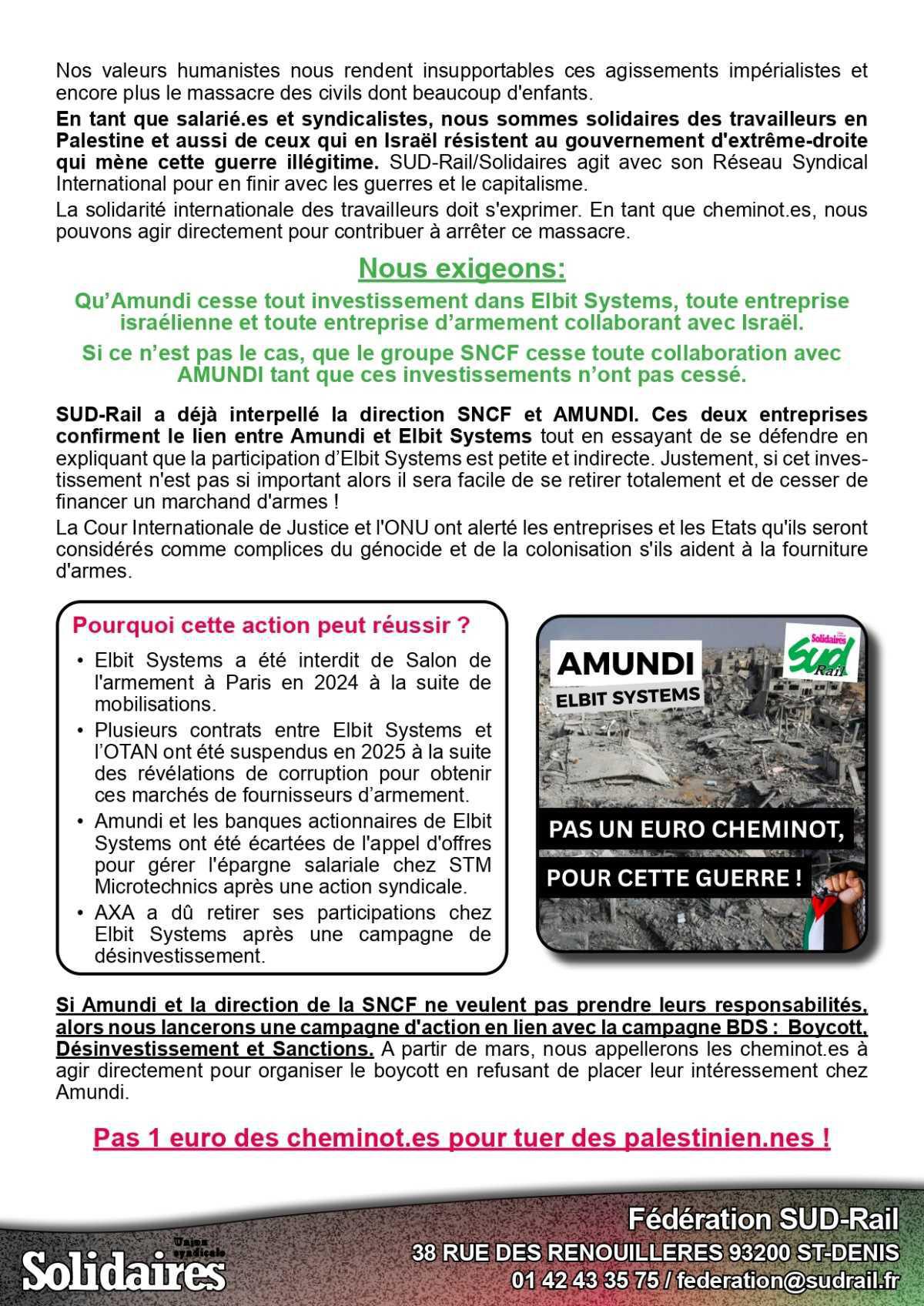 SUD-Rail // L'argent des cheminots ne doit pas servir à tuer des palestiniens !