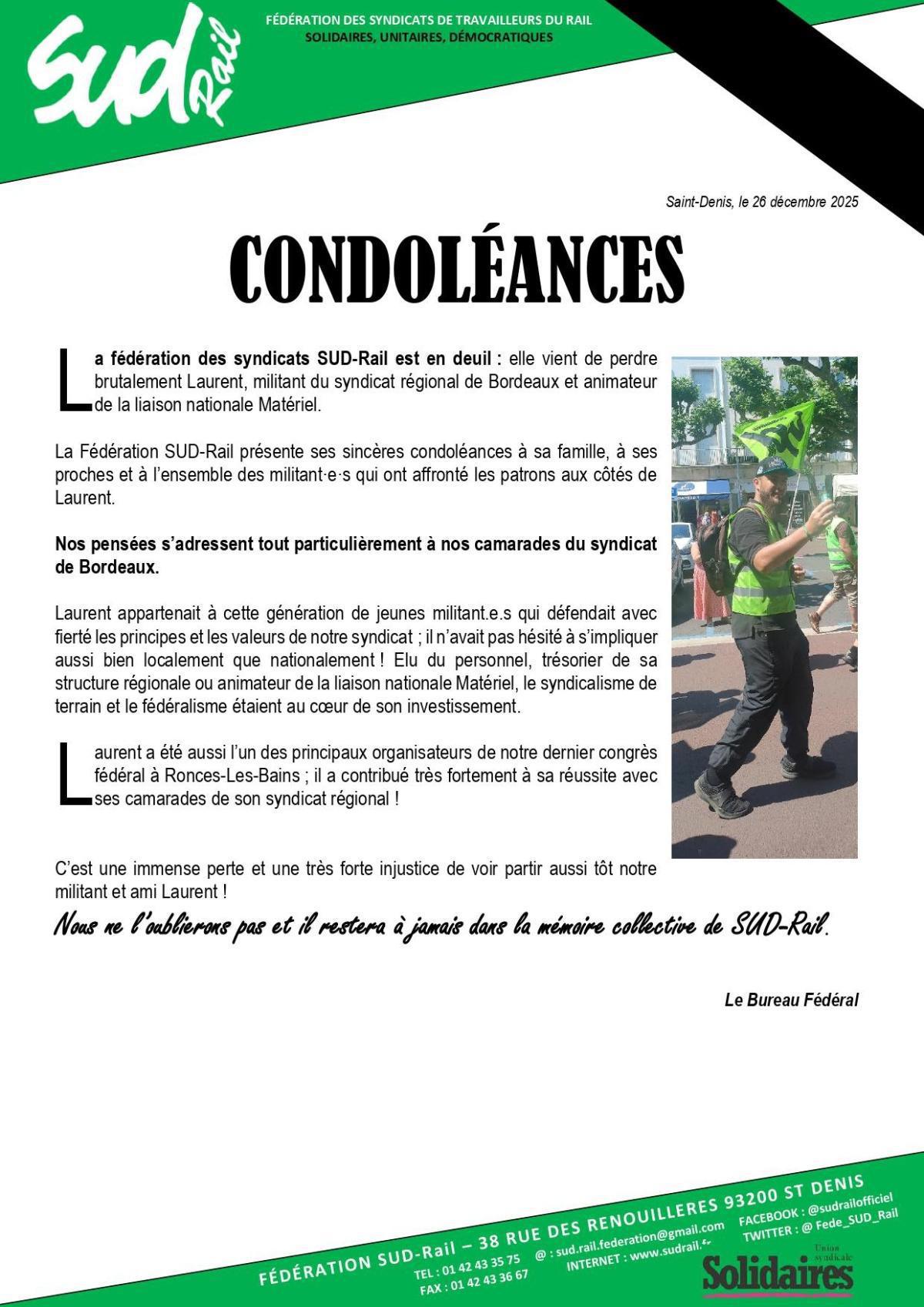 Hommage à la mémoire de Laurent, militant SUD-Rail à Bordeaux