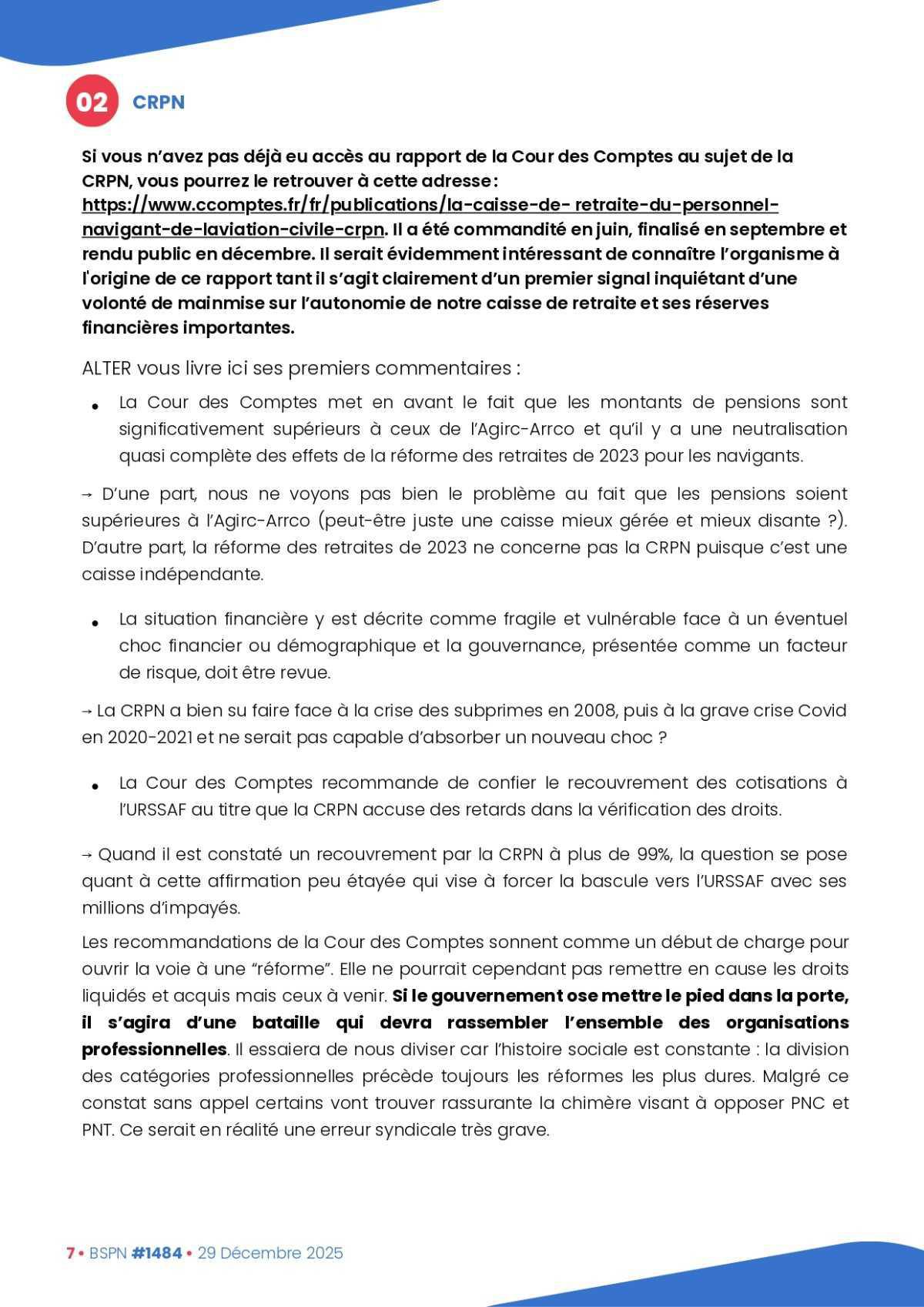 ALTER // Bulletin Syndical du Personnel Naviguant # 1484 Rétrospective 2025