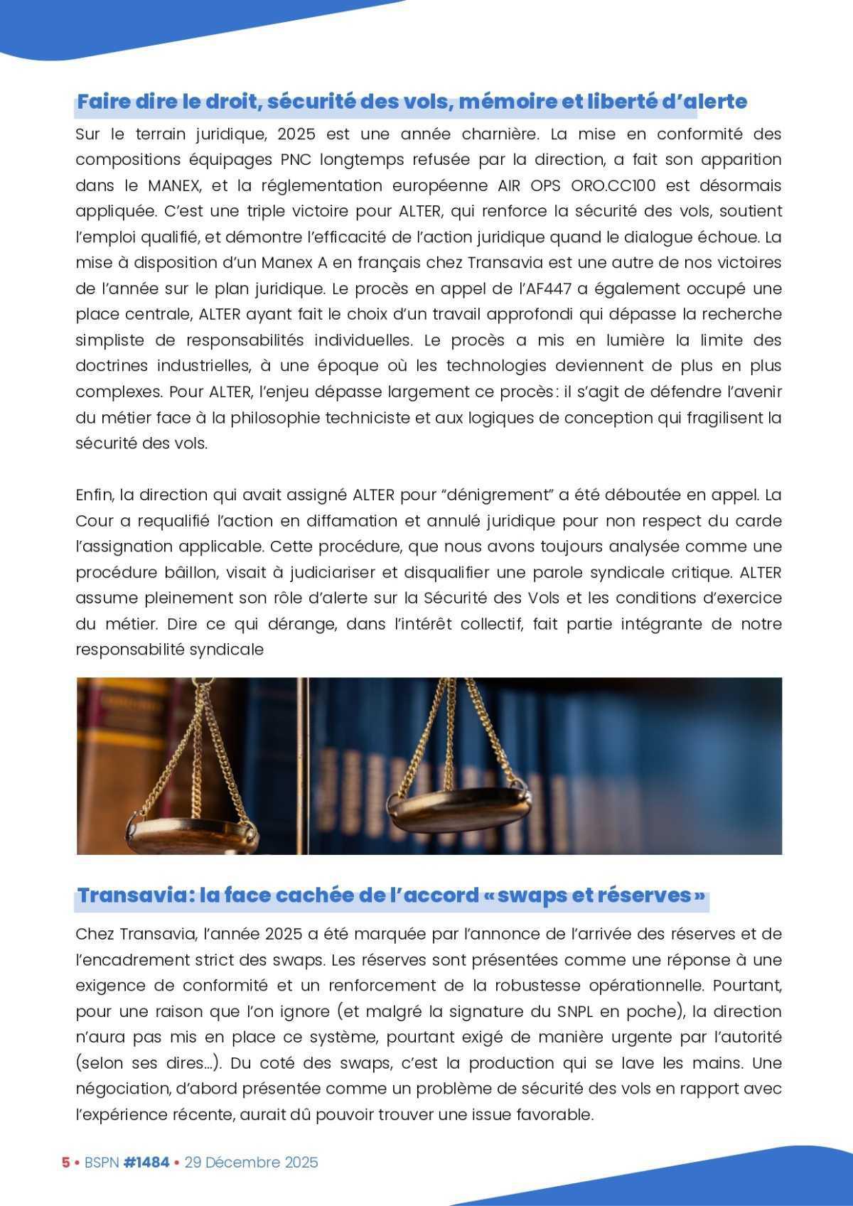 ALTER // Bulletin Syndical du Personnel Naviguant # 1484 Rétrospective 2025