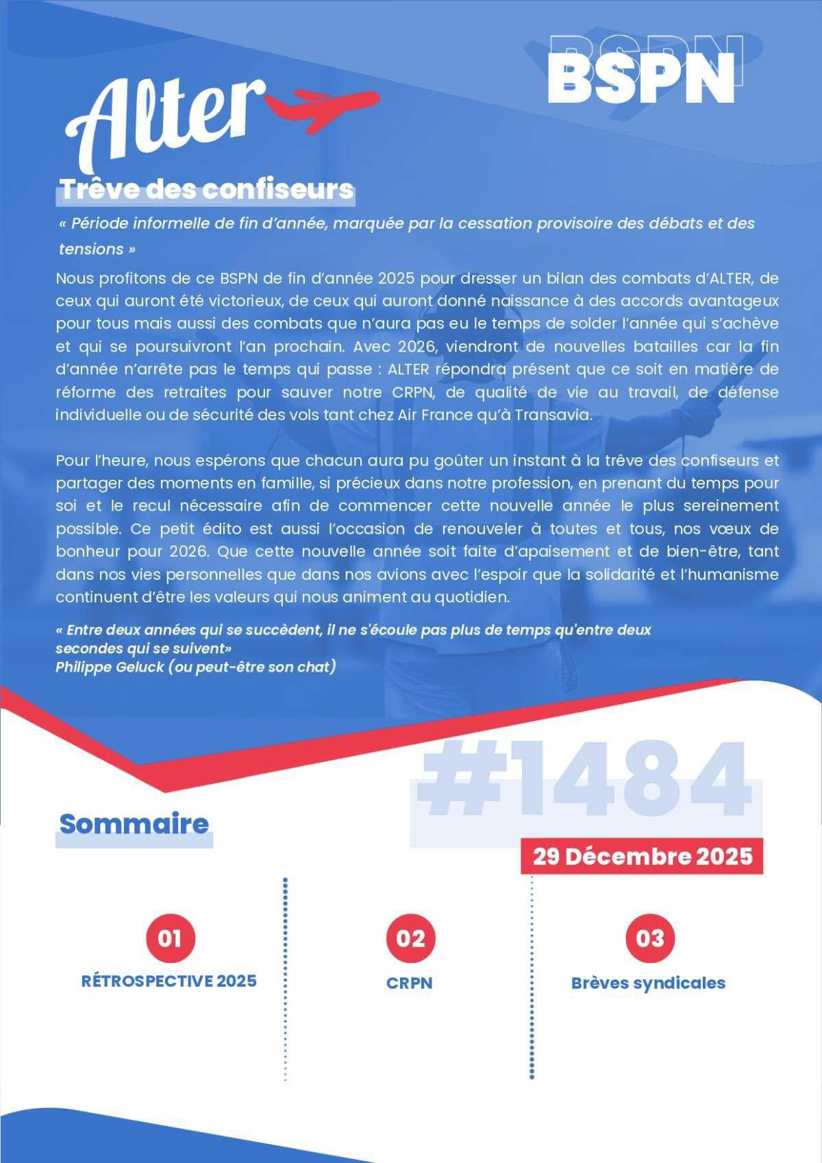 ALTER // Bulletin Syndical du Personnel Naviguant # 1484 Rétrospective 2025