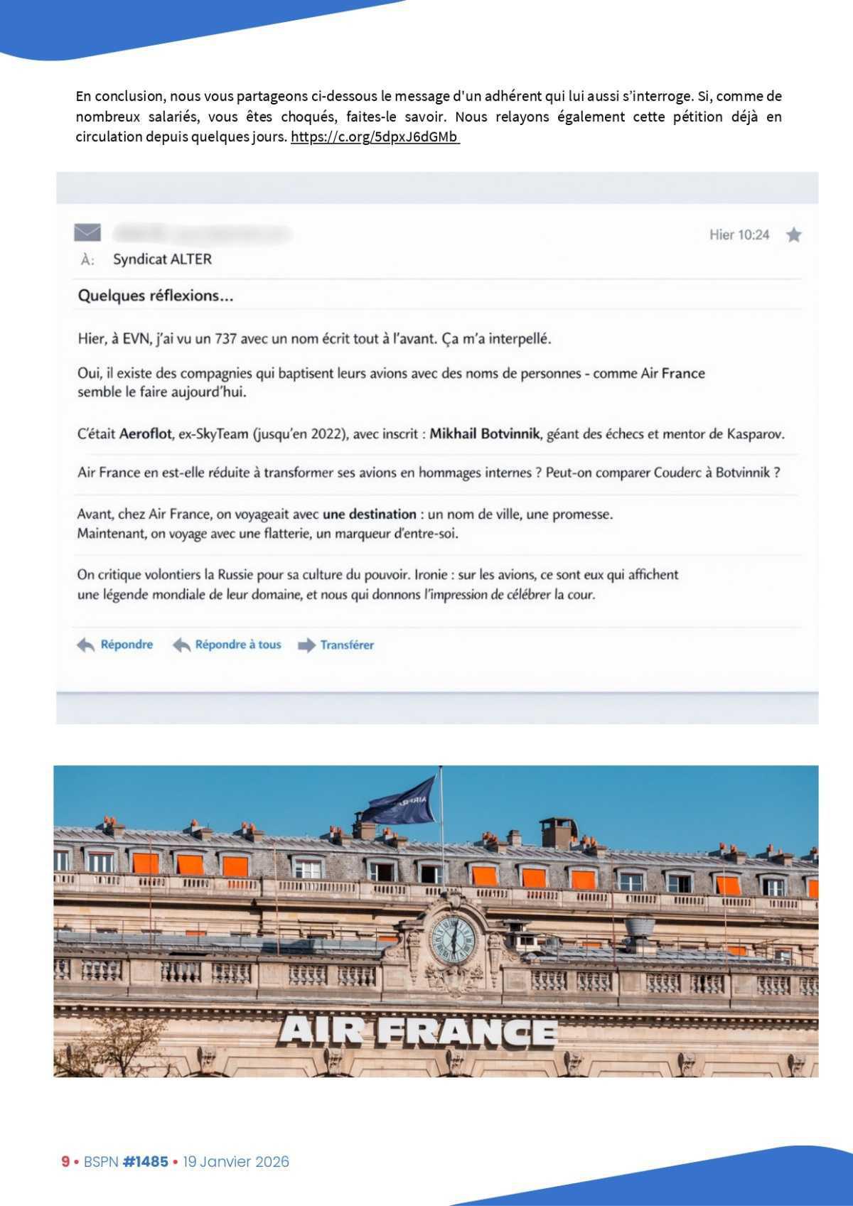 ALTER // Bulletin Syndical du Personnel Naviguant # 1485 du 19 janvier 2026