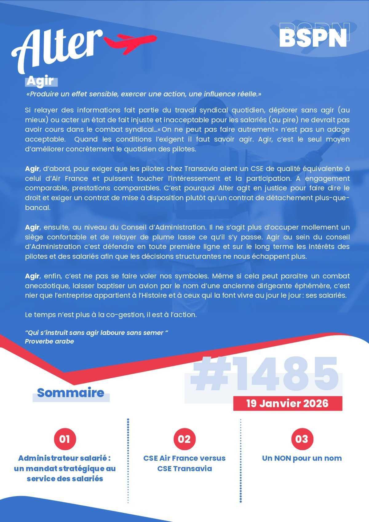 ALTER // Bulletin Syndical du Personnel Naviguant # 1485 du 19 janvier 2026