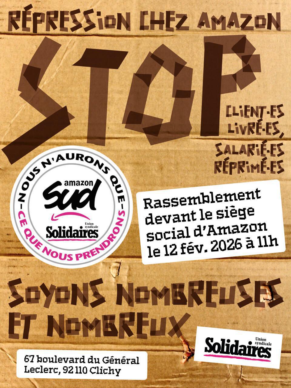 Répression chez AMAZON : rassemblons nous le 12 février devant le siège à Clichy ! Répression chez AMAZON : rassemblons nous le 12 février devant le siège à Clichy !