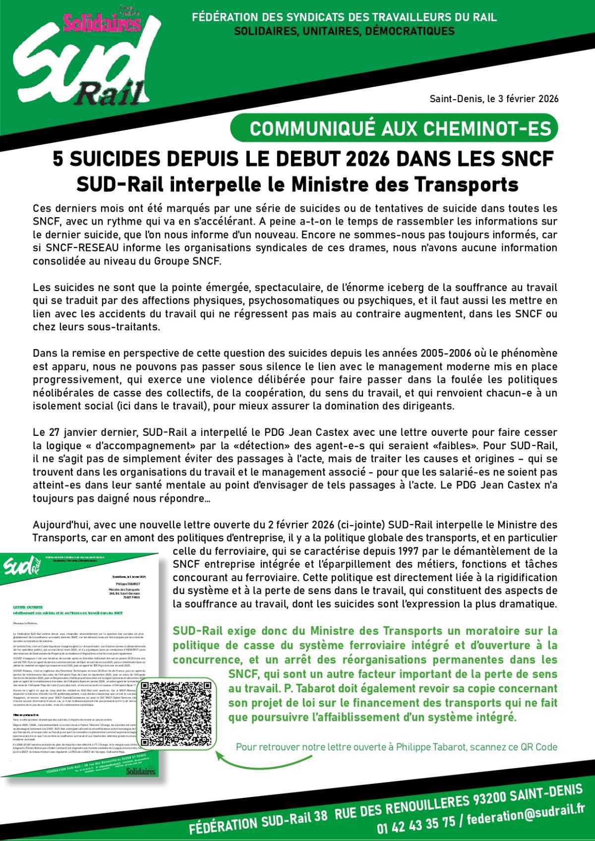 SUD-Rail // 5 suicides depuis le début de l'année 2026 à la SNCF