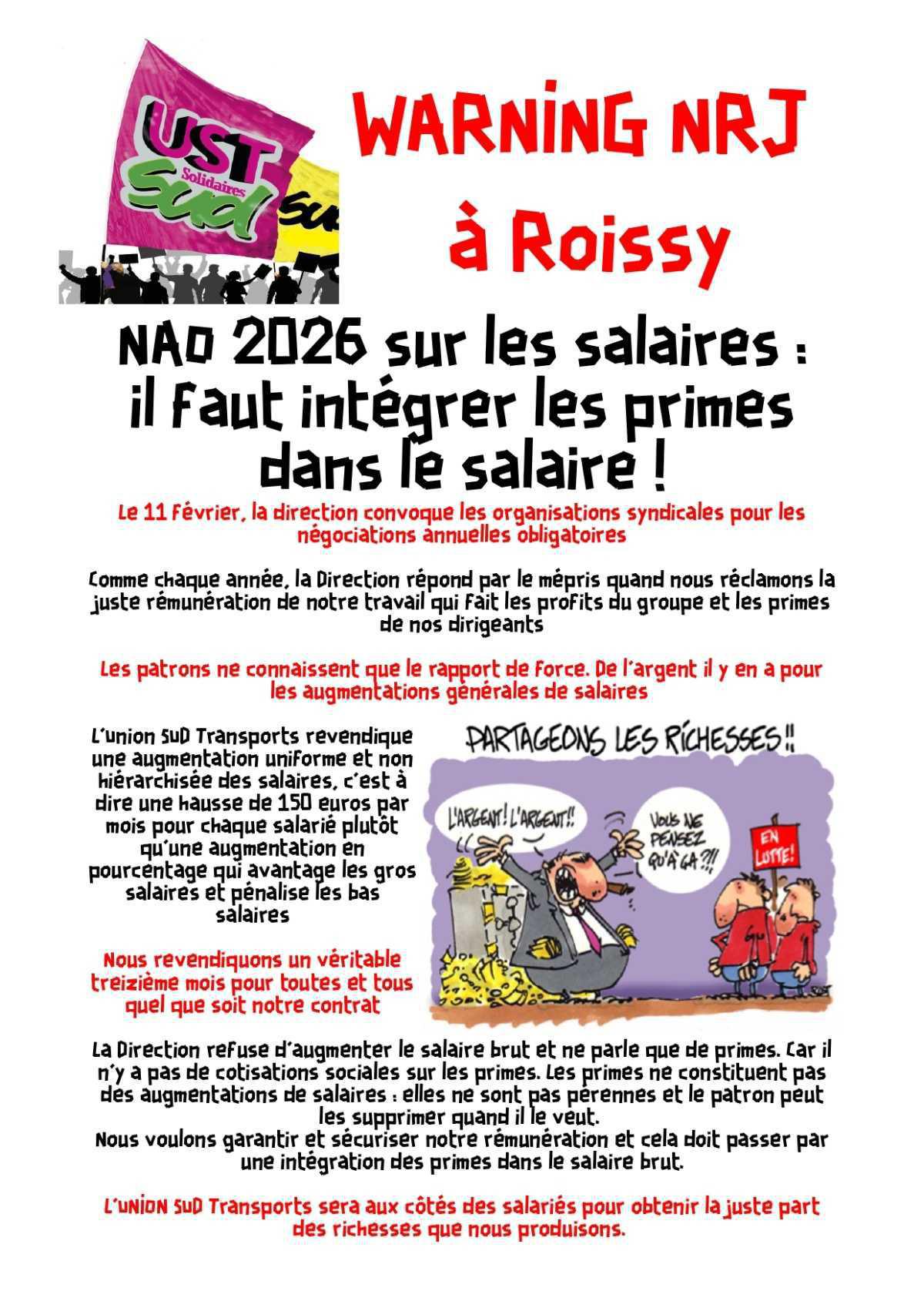 UST SUD à WARNING NRY Roissy : il faut intégrer les primes dans les salaires !
