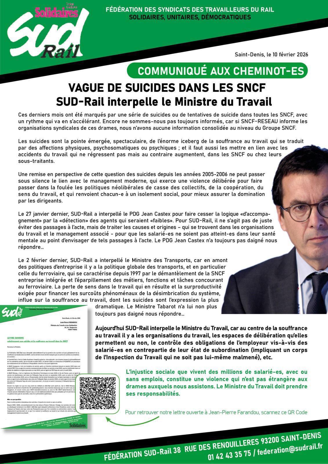 Vagues de suicides dans les SNCF, SUD-Rail interpelle le Ministre du Travail