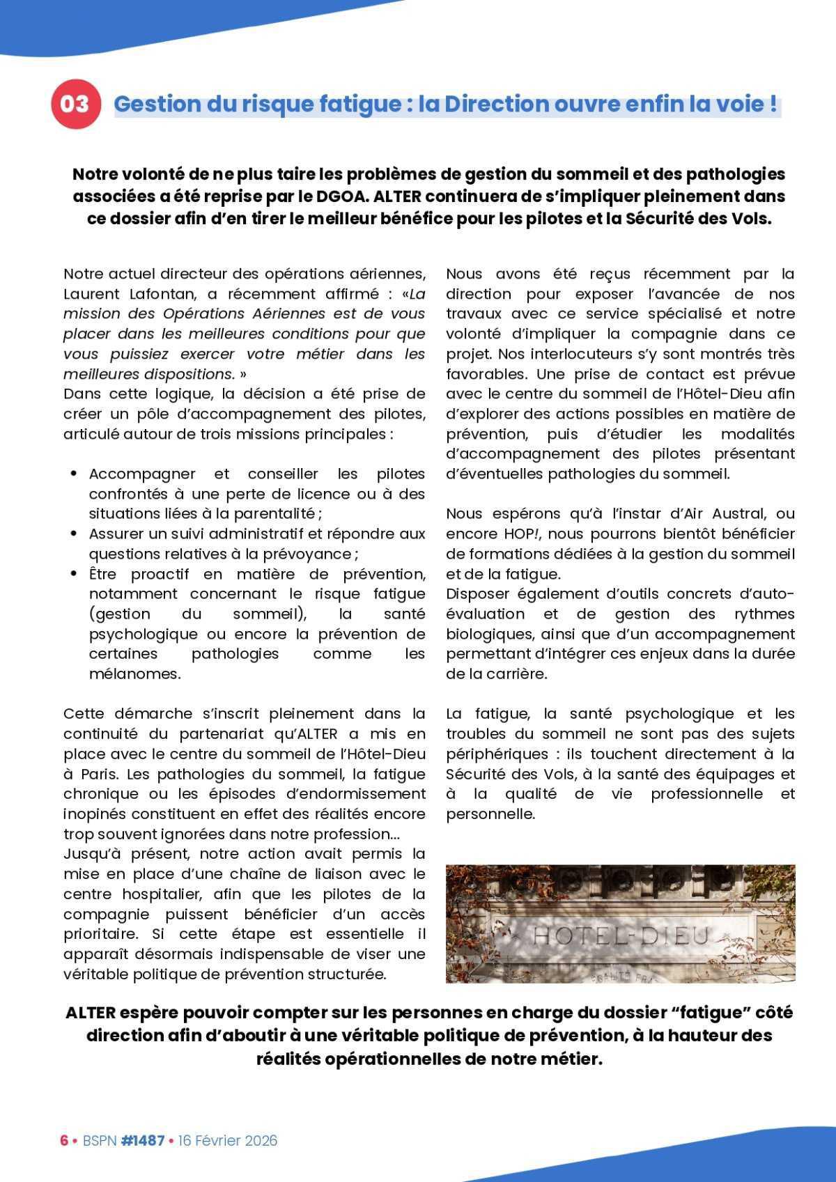 ALTER // Bulletin Syndical du Personnel Naviguant # 1487 du 16 février 2026