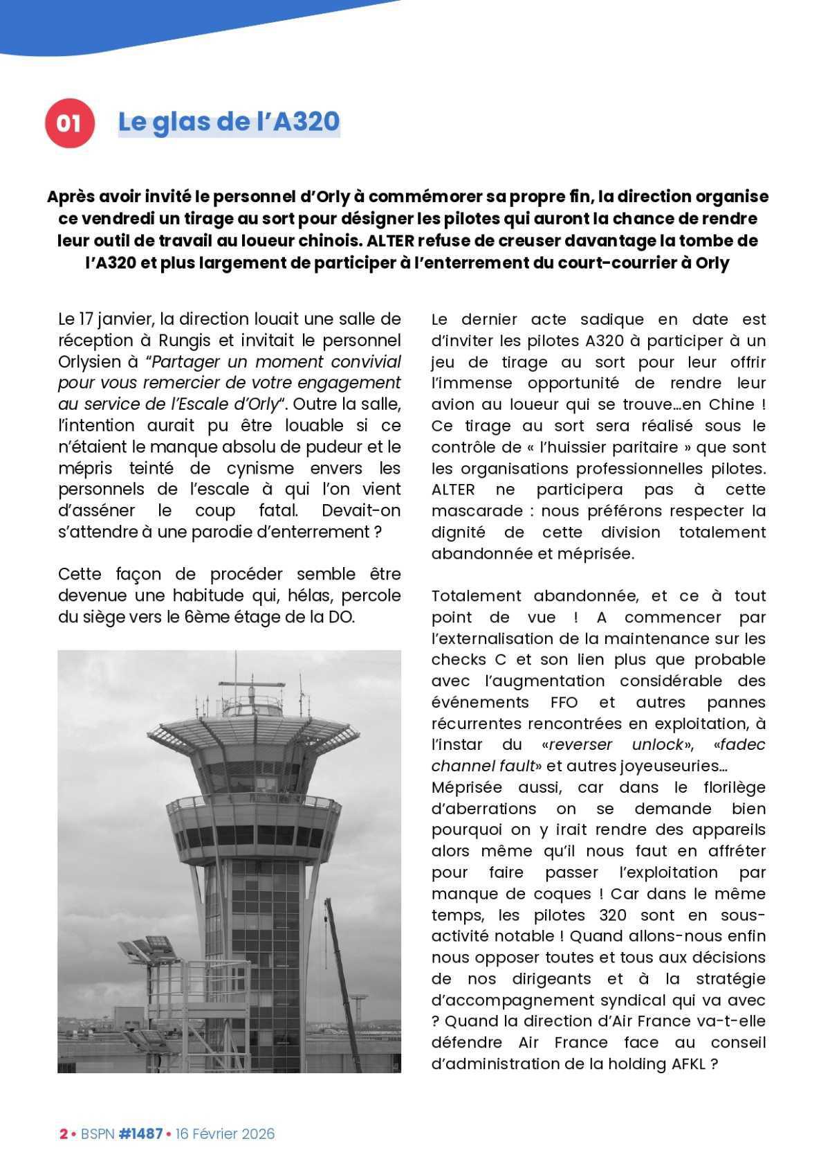 ALTER // Bulletin Syndical du Personnel Naviguant # 1487 du 16 février 2026