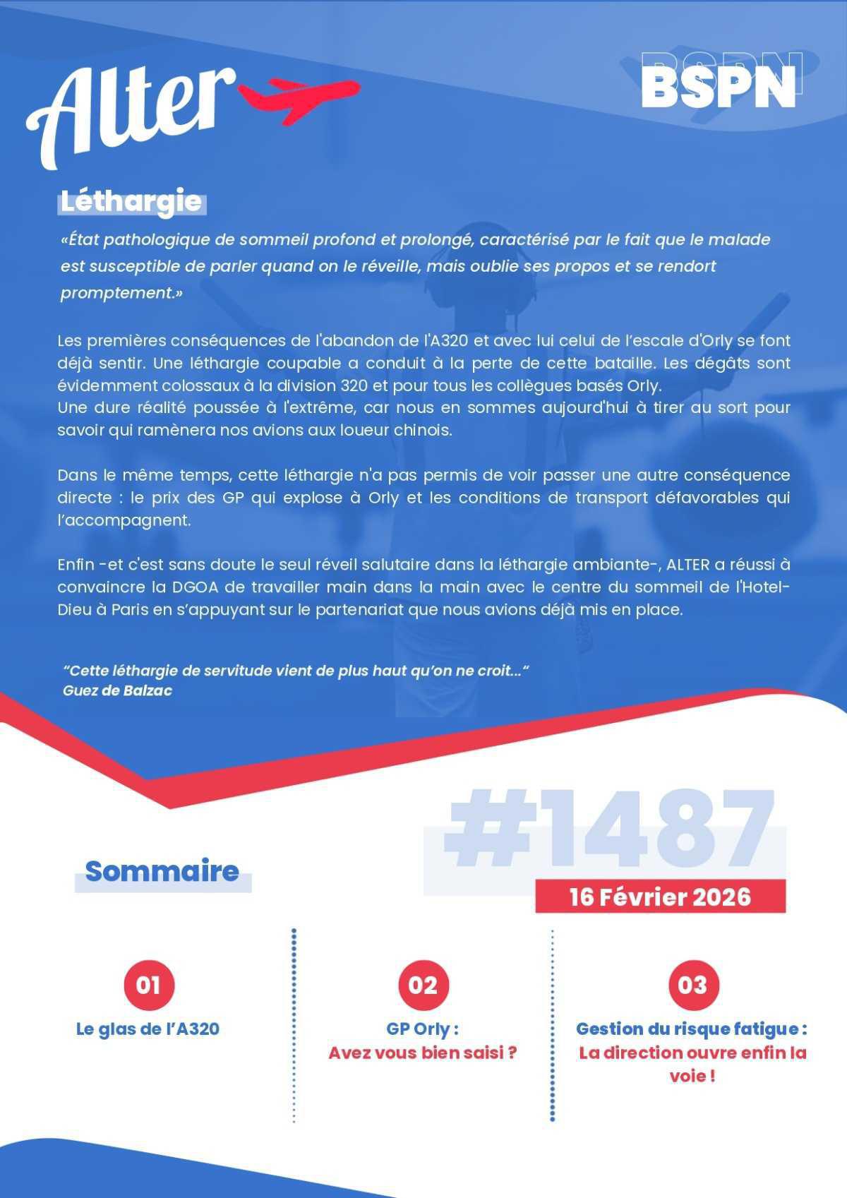 ALTER // Bulletin Syndical du Personnel Naviguant # 1487 du 16 février 2026