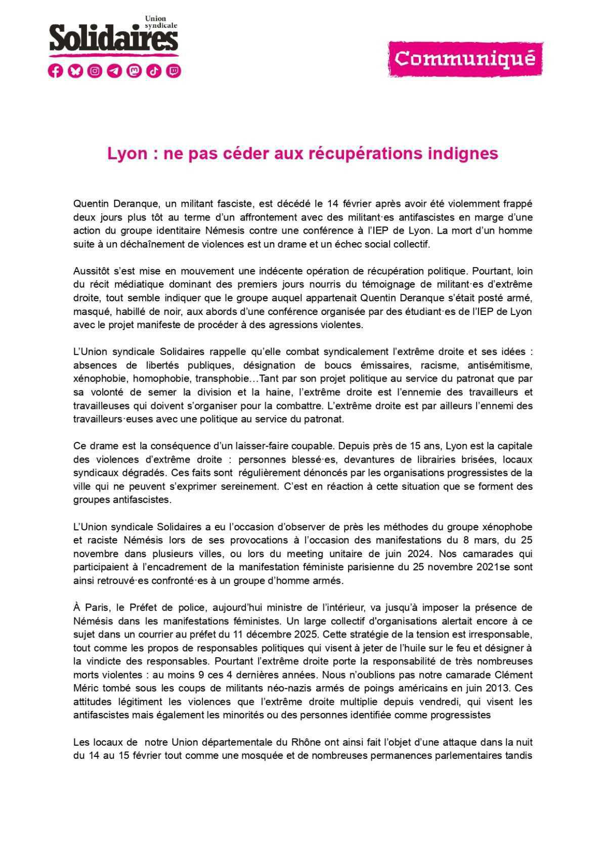 Solidaires // Lyon : ne pas céder aux récupérations indignes