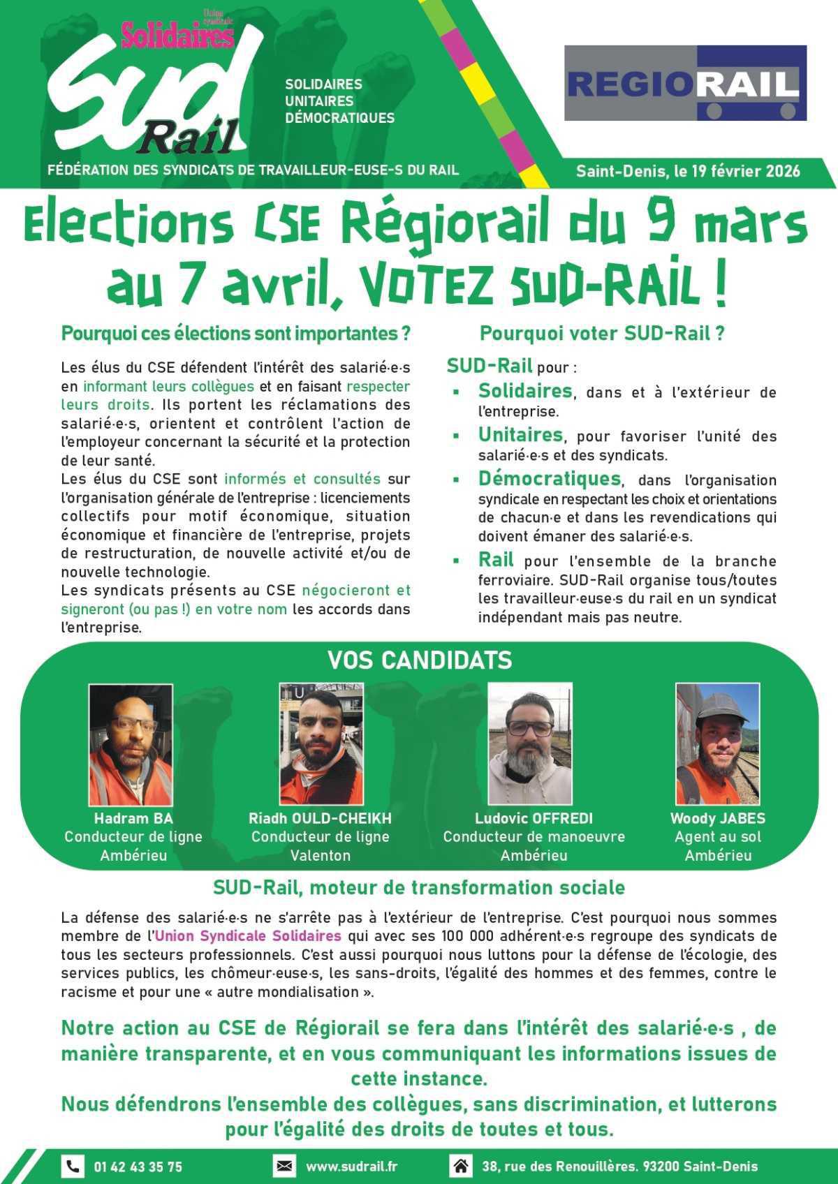 Élections CSE à Régiorail du 9 mars au 7 avril, votez SUD-Rail !