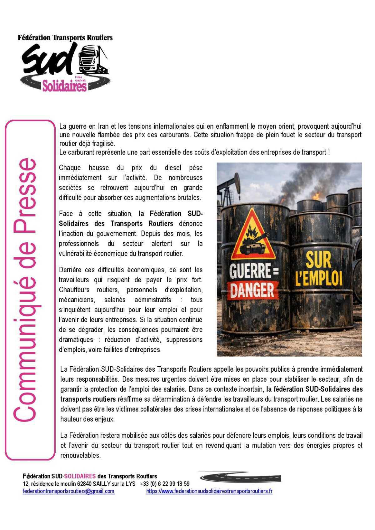 Fédé SUD Solidaires des Transports routiers // Communiqué de presse Guerre = Danger