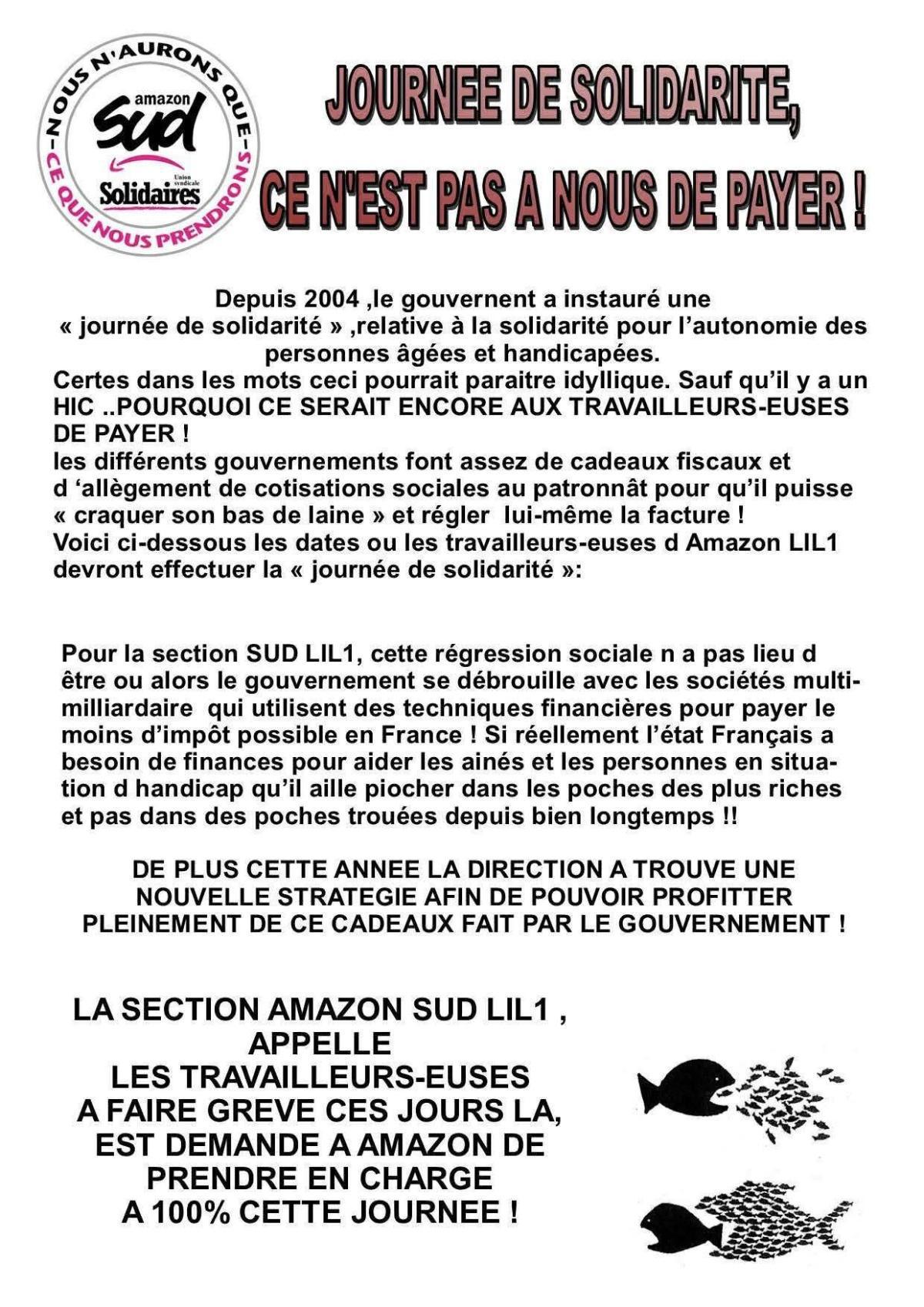 SUD AMAZON LIL1 : Journée de solidarité, ce n'est pas à nous de payer !