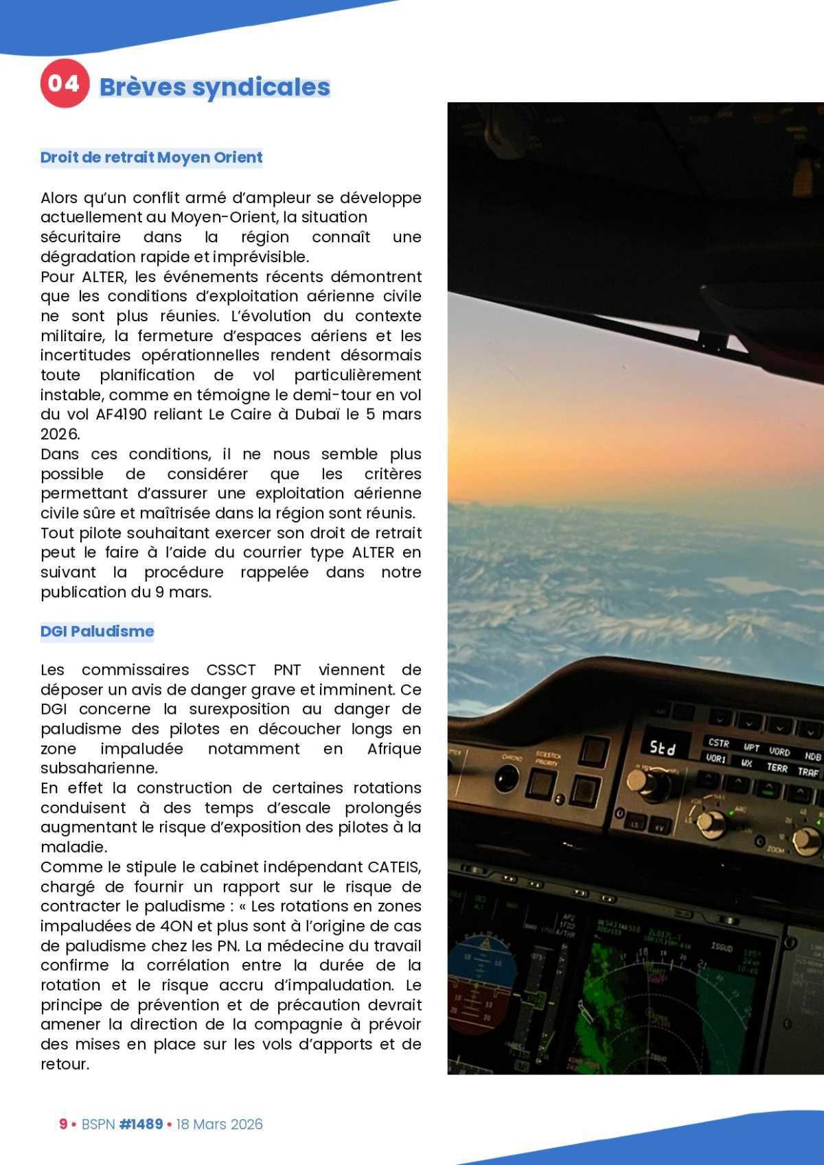 ALTER // Bulletin Syndical du Personnel Naviguant # 1489 du 18 mars 2026