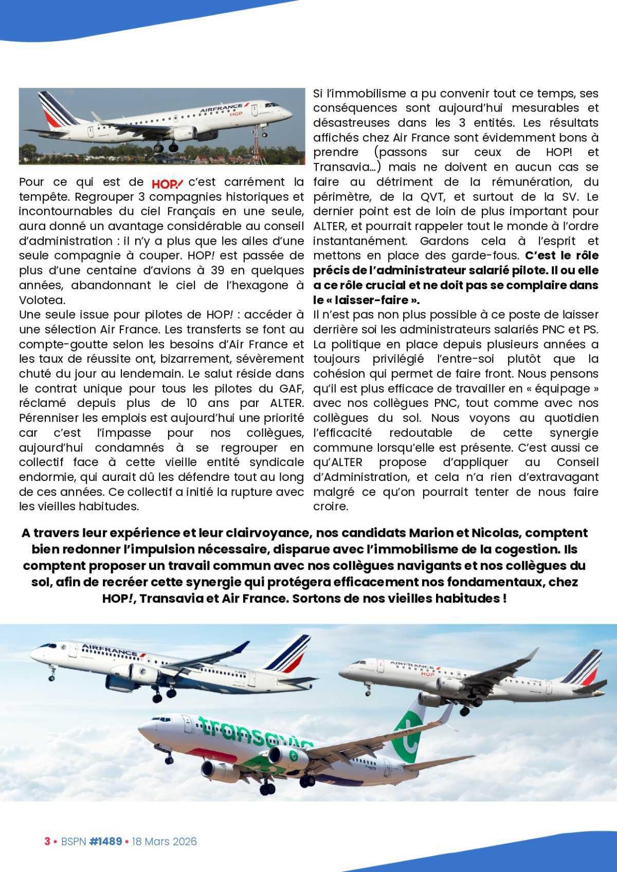 ALTER // Bulletin Syndical du Personnel Naviguant # 1489 du 18 mars 2026