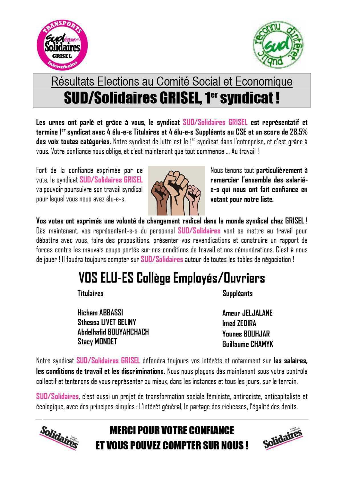 SUD / Solidaires Interurbains : 1er syndicat chez GRISEL !