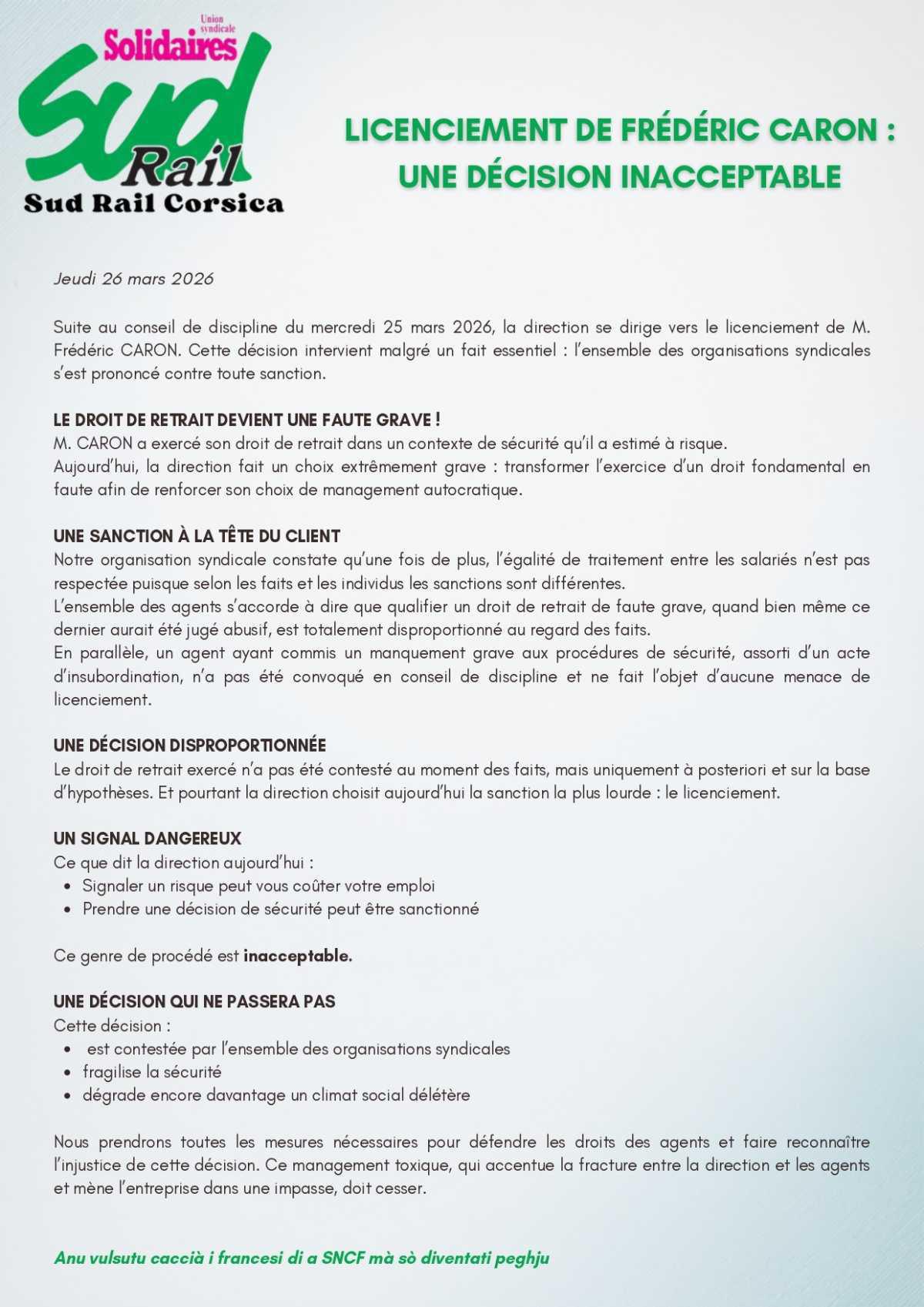 SUD-Rail Corsica // Non au licenciement d'un militant syndical