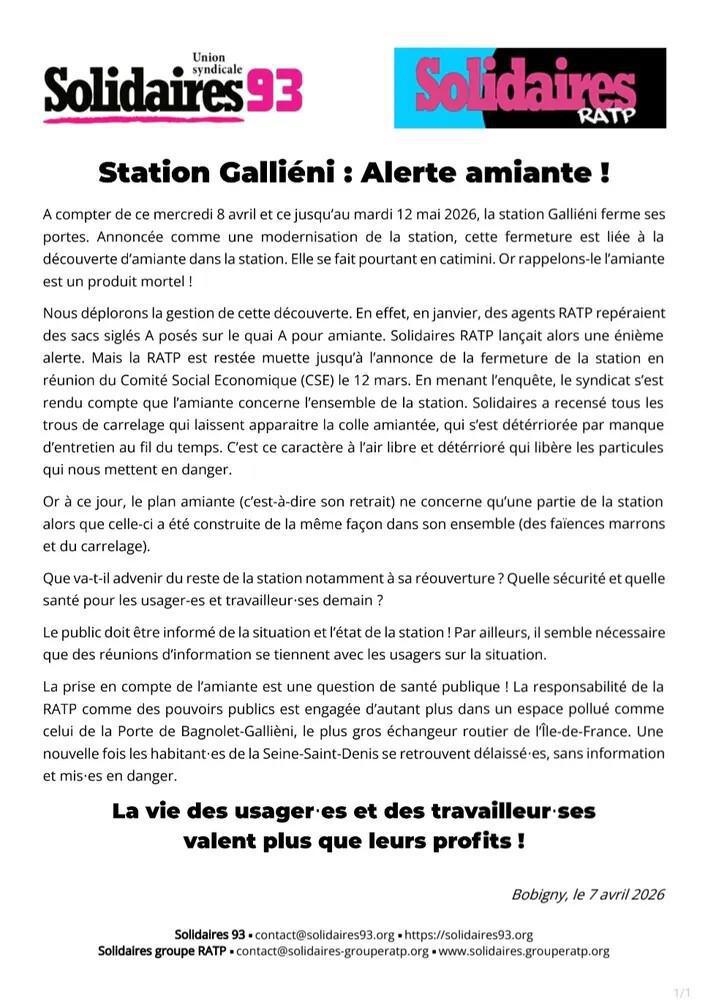 Solidaires RATP // Station Galliéni : Alerte Amiante !