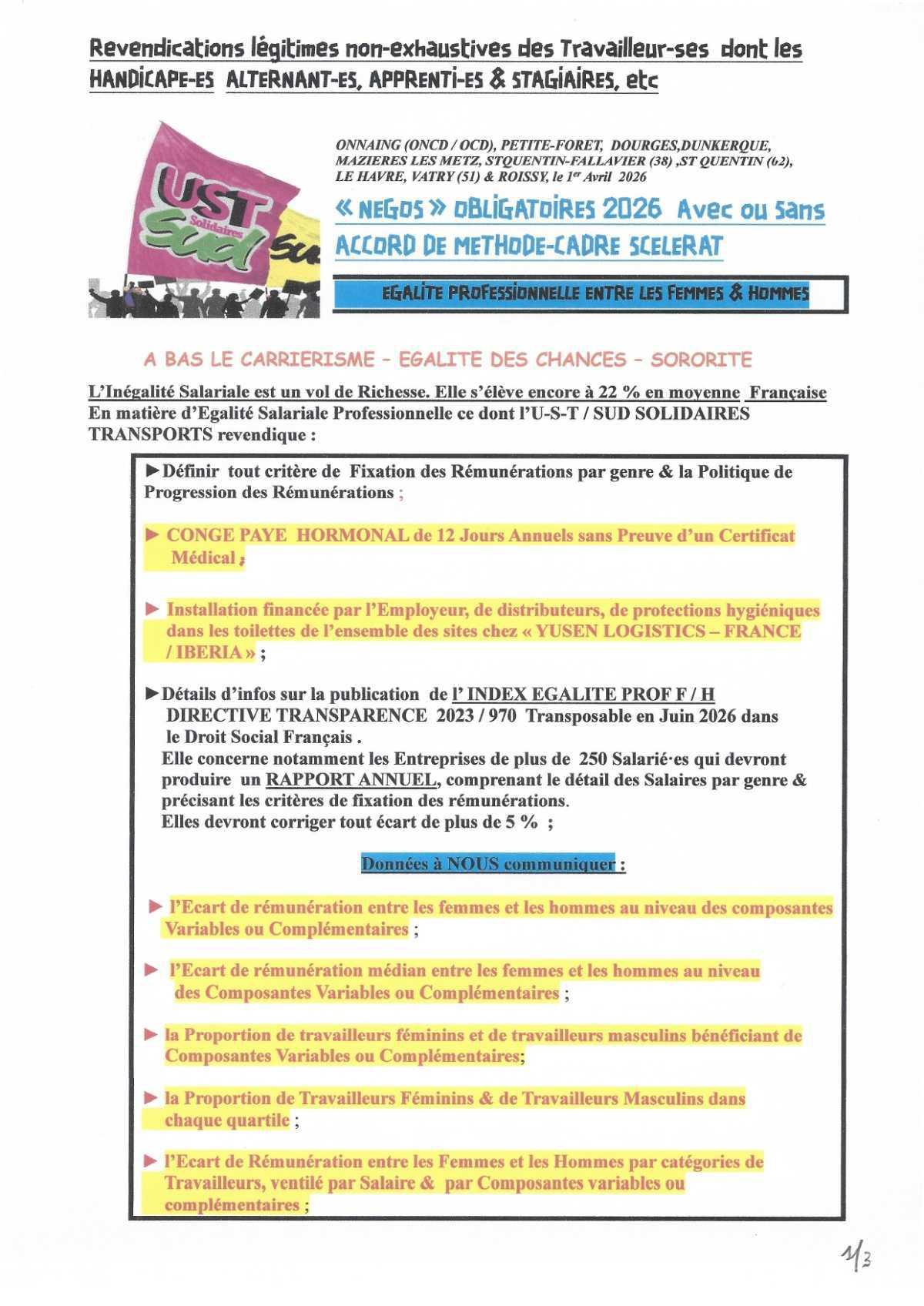 UST YUSEN // Revendications NAO pour une véritable égalité hommes / femmes