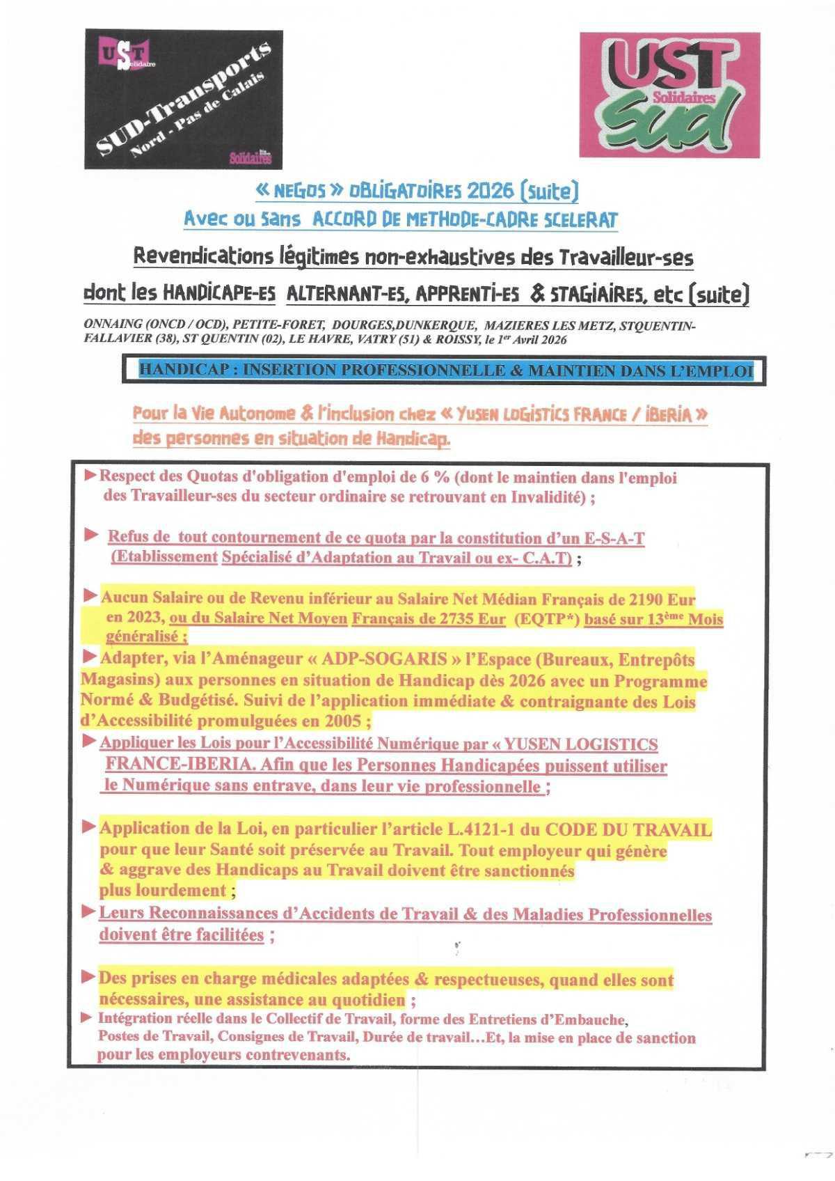 UST YUSEN // NAO nos revendications sur le handicap et le maintien dans l'emploi