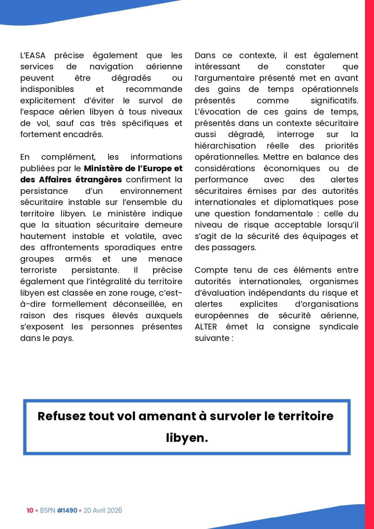 ALTER // Bulletin Syndical du Personnel Naviguant # 1490 du 20 avril 2026