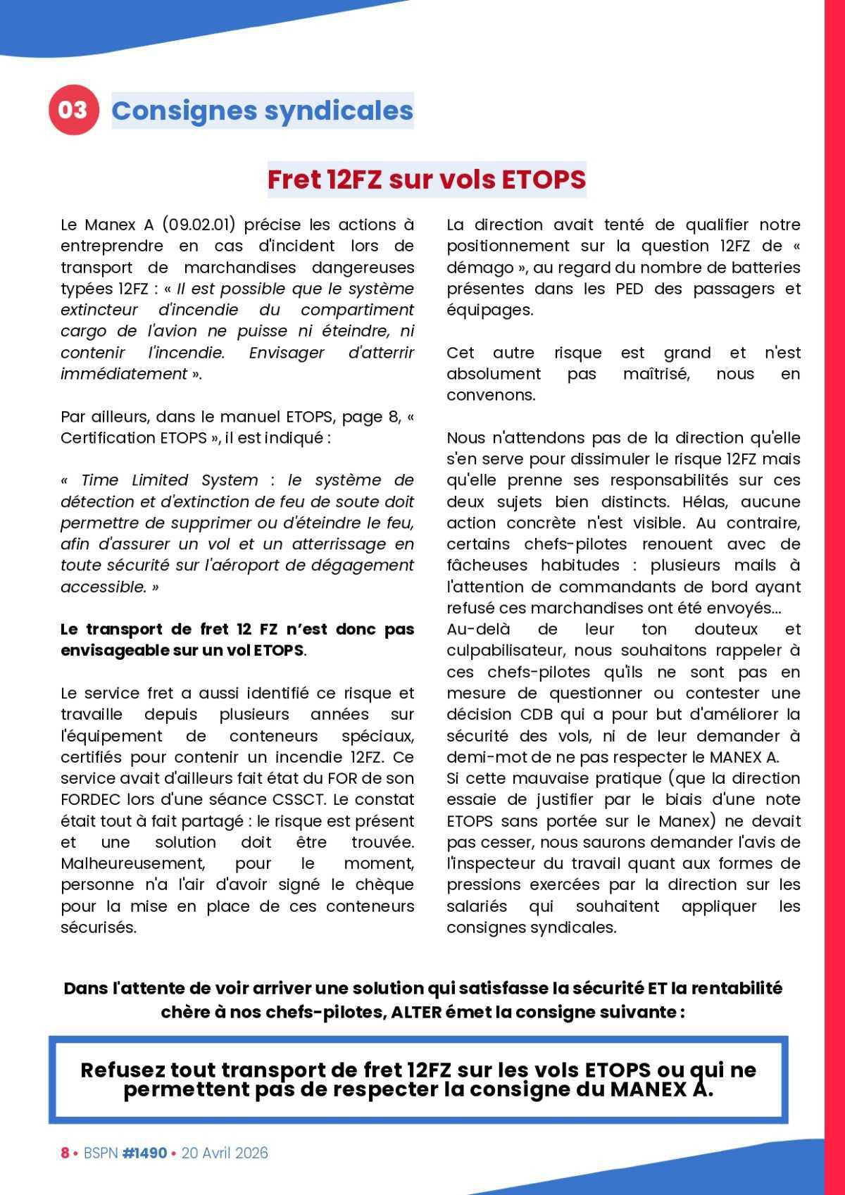 ALTER // Bulletin Syndical du Personnel Naviguant # 1490 du 20 avril 2026