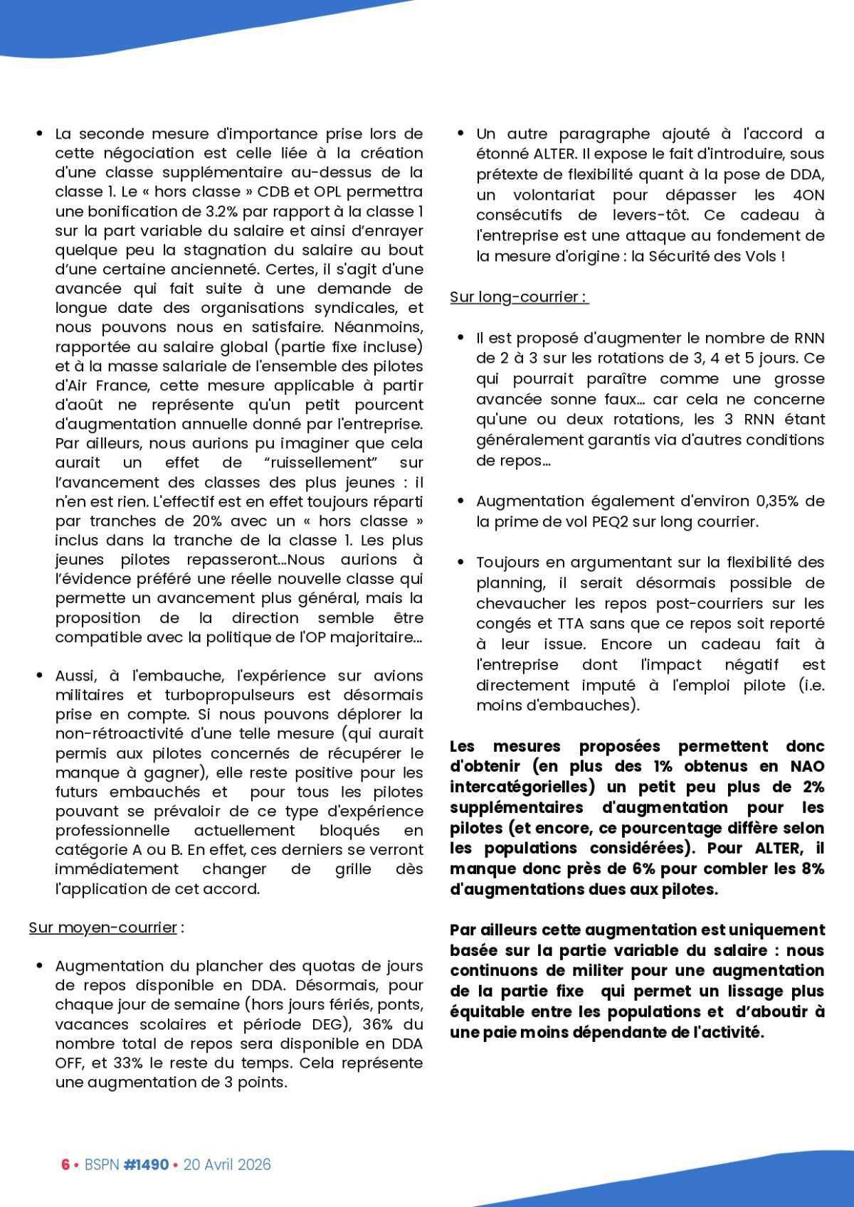 ALTER // Bulletin Syndical du Personnel Naviguant # 1490 du 20 avril 2026
