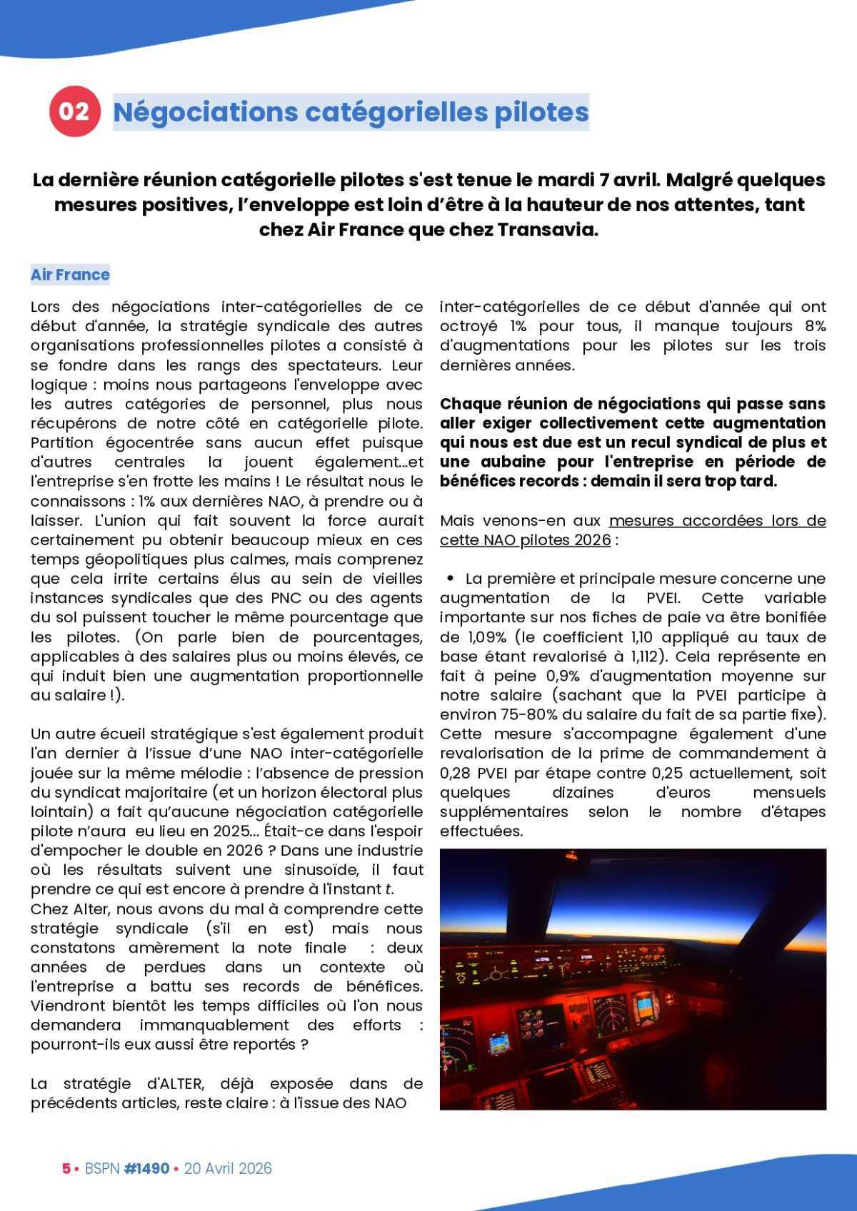 ALTER // Bulletin Syndical du Personnel Naviguant # 1490 du 20 avril 2026