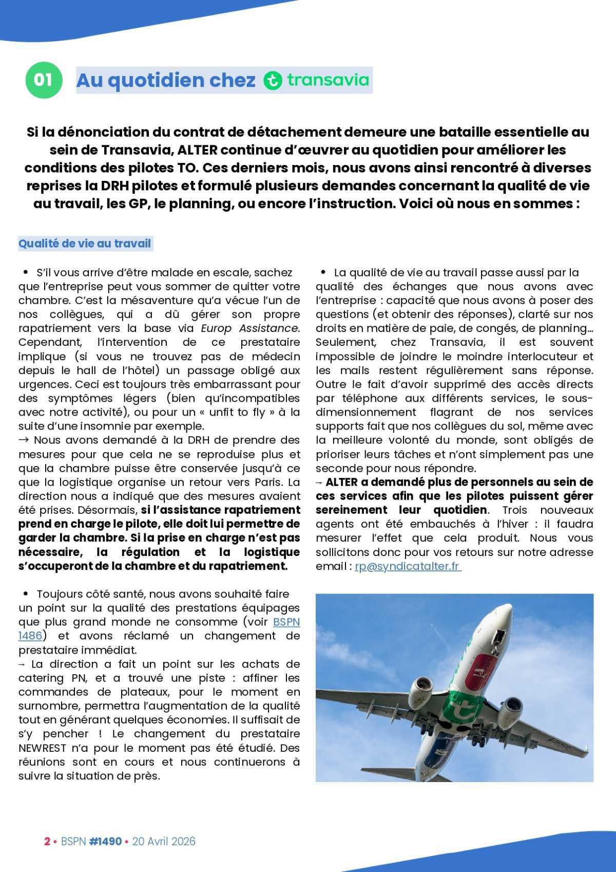 ALTER // Bulletin Syndical du Personnel Naviguant # 1490 du 20 avril 2026