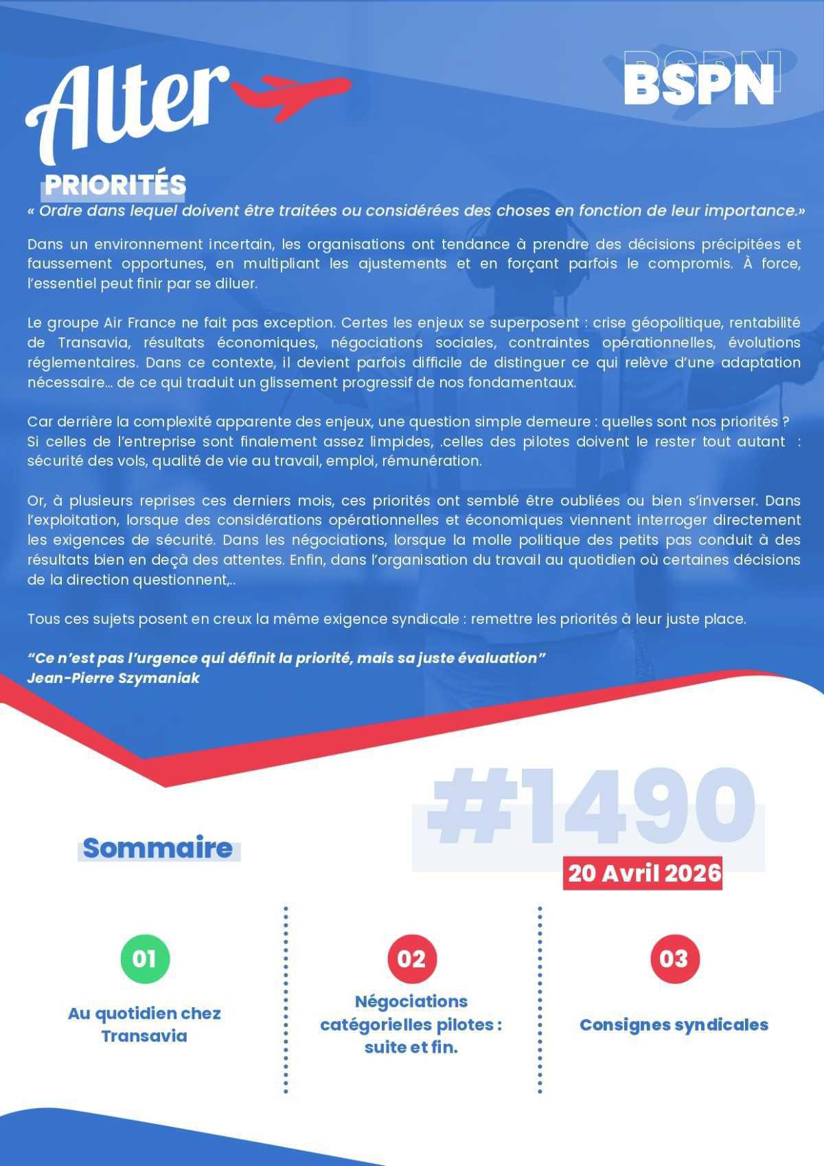 ALTER // Bulletin Syndical du Personnel Naviguant # 1490 du 20 avril 2026
