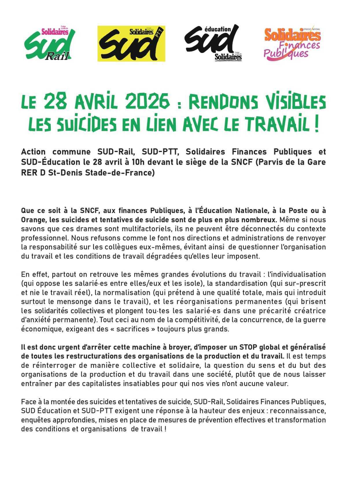 Le 28 avril, rendons visibles les suicides en lien avec le travail !