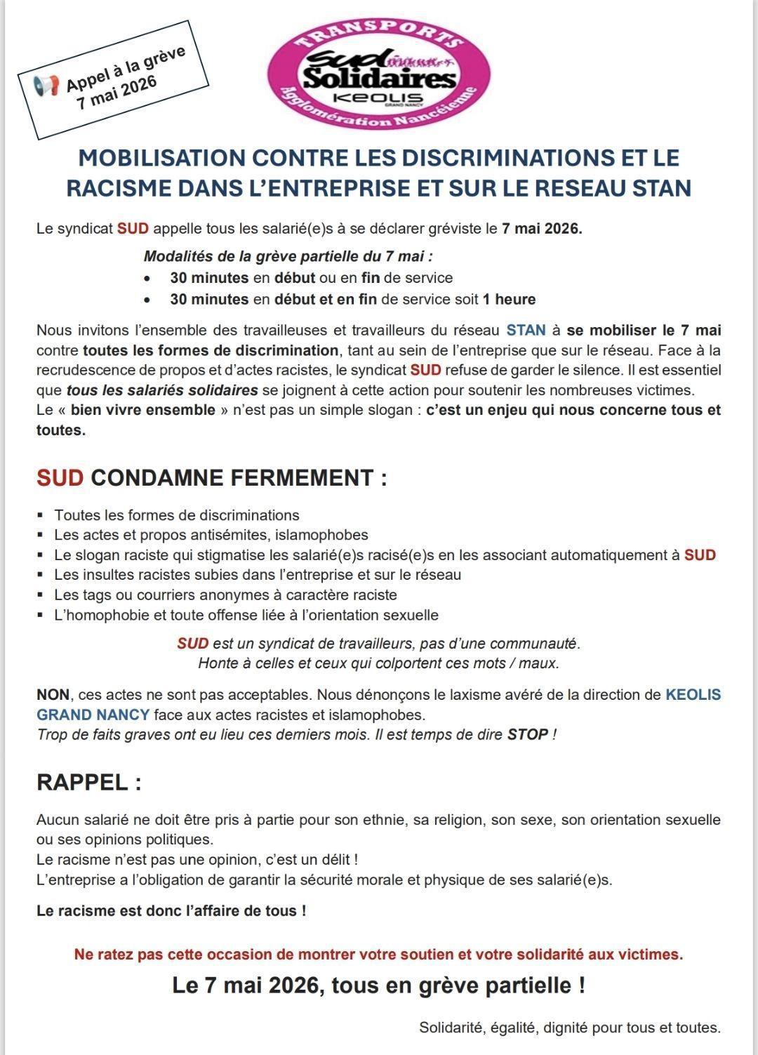 SUD STAN NANCY // Contre le racisme, tous en grève le 7 mai !
