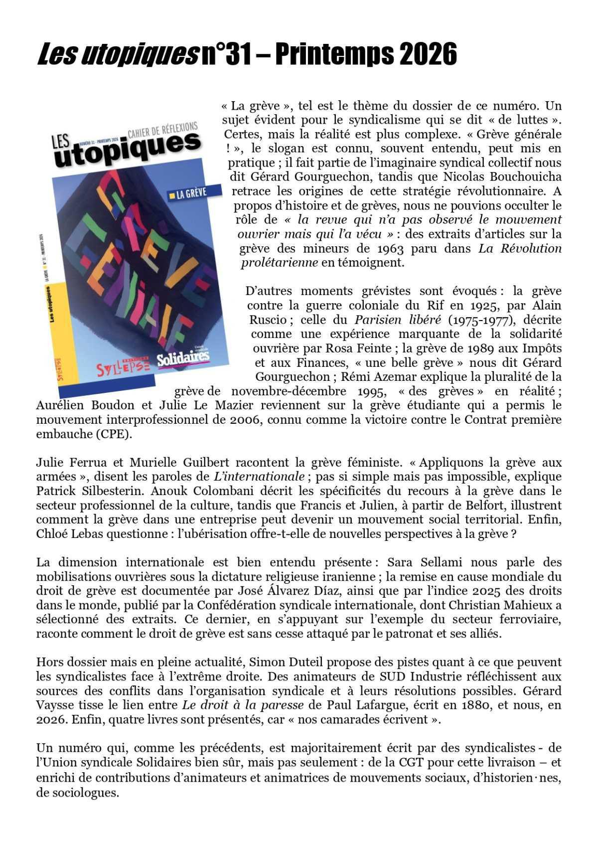 Les Utopiques # 31 Printemps 2026 // LA GREVE