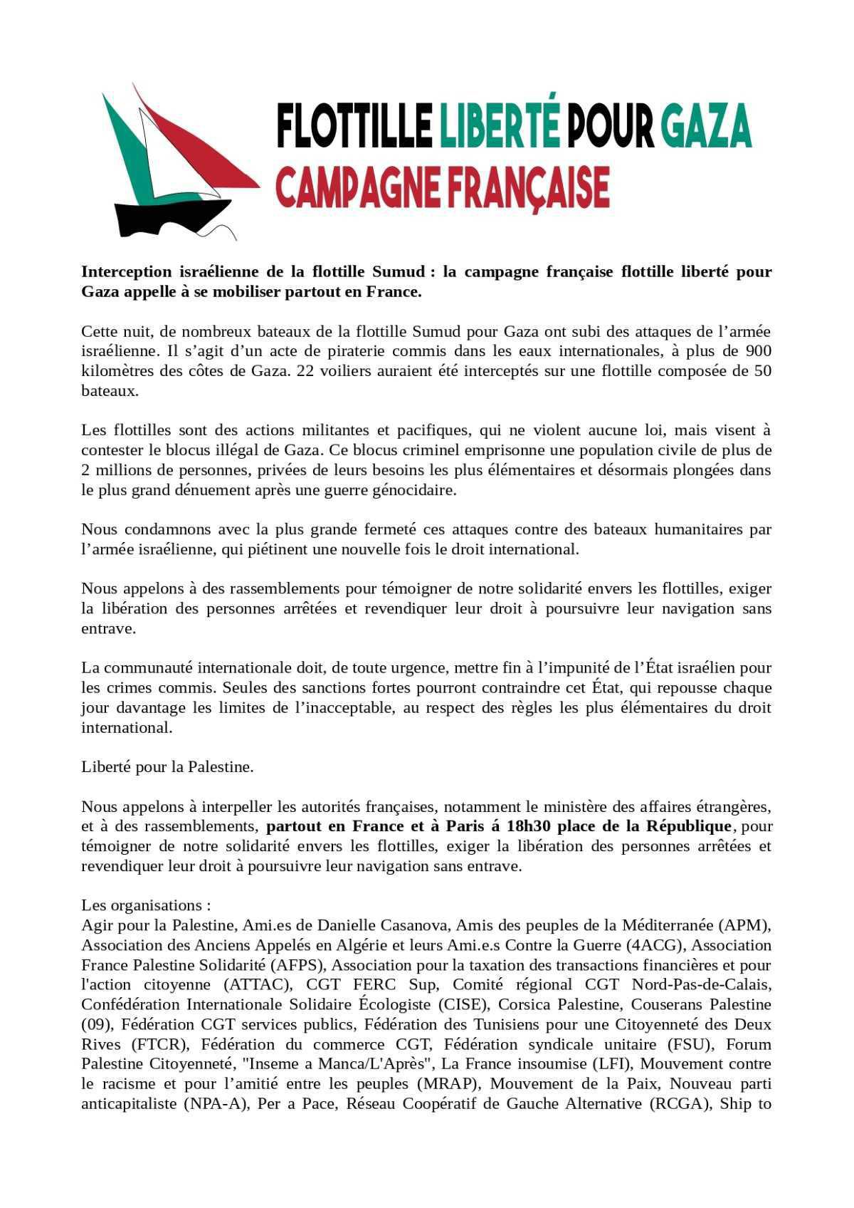 Solidarité avec la flottille Liberté pour Gaza